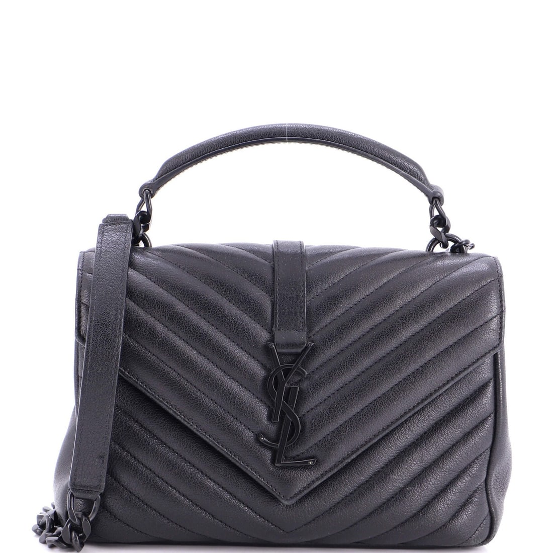 Monogram College Bag Leather Chevron Medium Matelasse Saint Laurent Classic: Monogram College Bag Leather Chevron Medium Matelasse Saint Laurent Classic Black leather cross body bag with classic monogram college bag matelasse chevron design, medium size, and silver hardware.