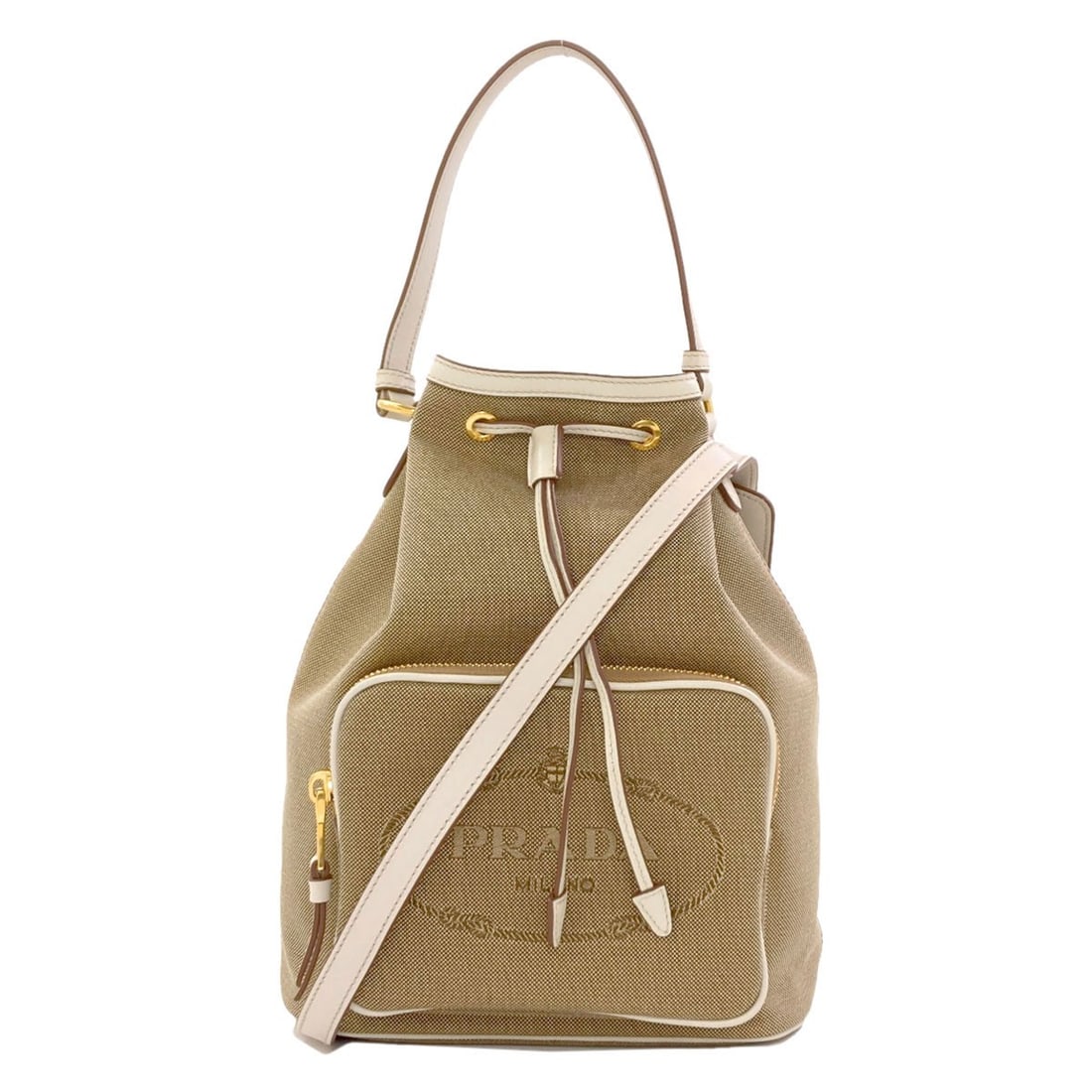 Prada Logo Jacquard 2-Way Handbag Canvas: Prada Logo Jacquard 2-Way Handbag Canvas Beige Prada Logo Jacquard 2-Way Handbag Canvas, measuring 10.6 inches tall and 7.9 inches wide, features a canvas exterior with a drawstring closure and