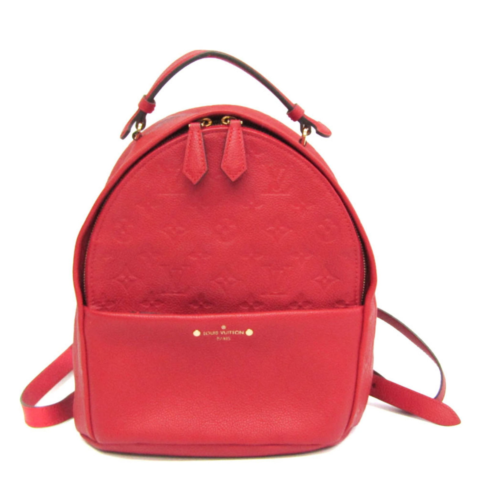 Backpack Monogram Vuitton Louis Empreinte: Backpack Monogram Vuitton Louis Empreinte Cerise-colored Monogram Empreinte backpack with gold hardware, featuring a zipper closure, open pocket, and adjustable strap, all perfectly sized at 27cm x