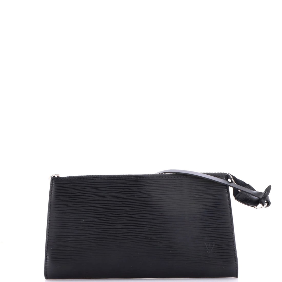 Louis Vuitton Pochette Accessoires Epi Leather: Louis Vuitton Pochette Accessoires Epi Leather Black Louis Vuitton Pochette Accessoires Epi Leather Clutch with Silver Hardware, featuring a classic design with scuffed exterior and minor creases.
