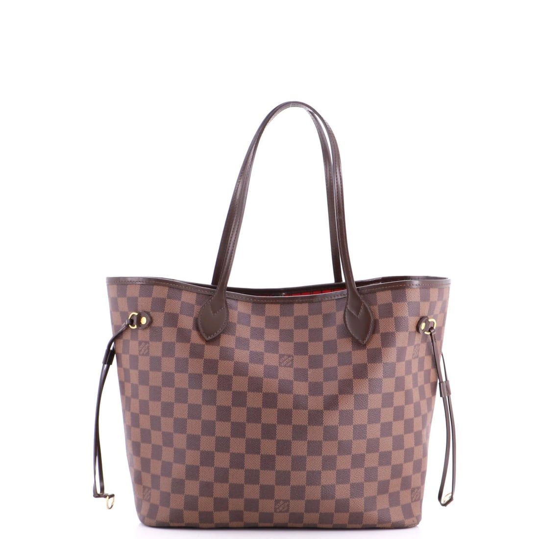 Louis Vuitton Neverfull Damier MM: Louis Vuitton Neverfull Damier MM Brown Louis Vuitton Neverfull Damier MM Tote with Gold Hardware, featuring a classic canvas-coated exterior and a spacious interior with a red lining. The exterior