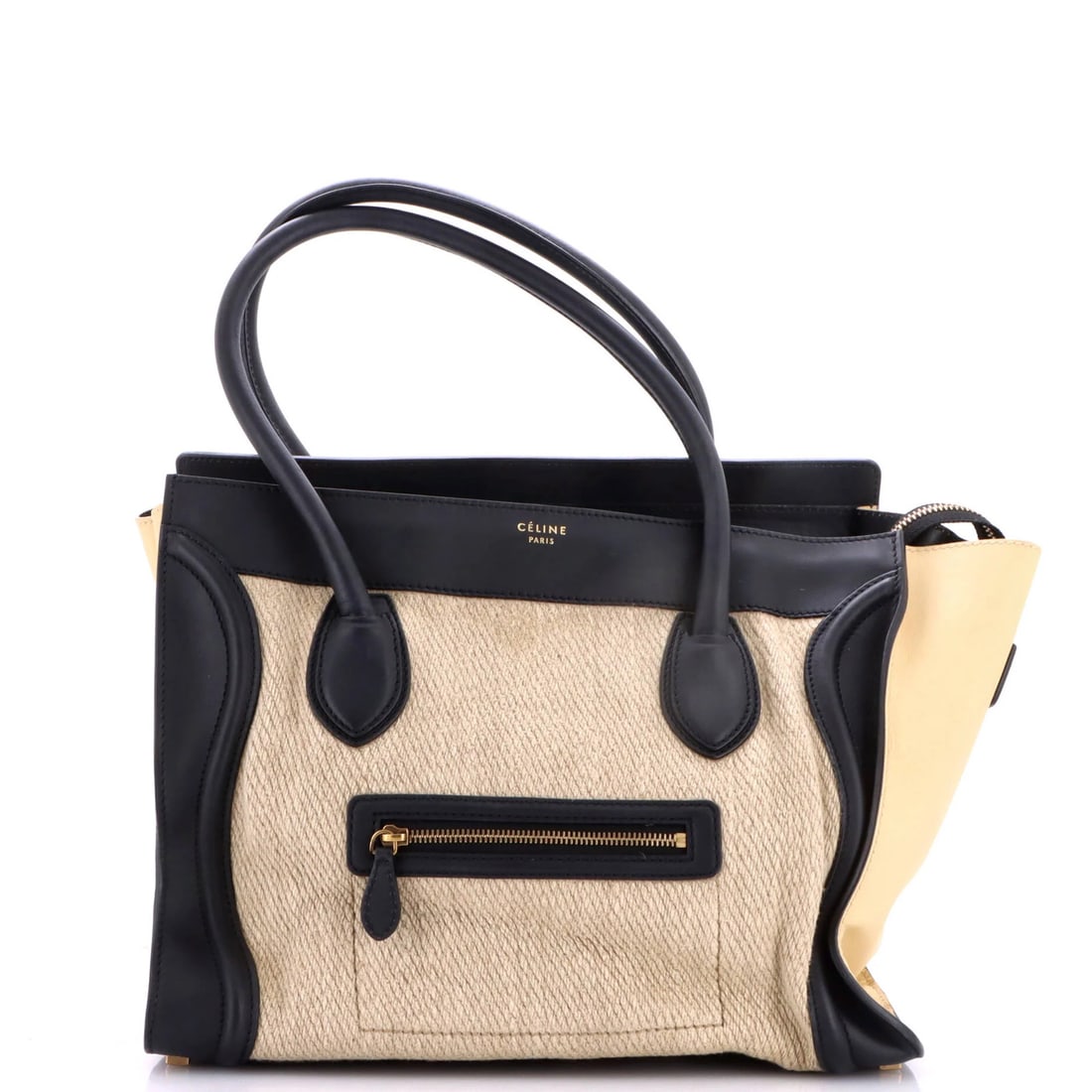 Celine Tricolor Shoulder Luggage Bag Canvas and Leather: Celine Tricolor Shoulder Luggage Bag Canvas and Leather Canvas and leather Celine Tricolor Shoulder Luggage Bag with neutral exterior and black interior, featuring aged gold hardware and a unique