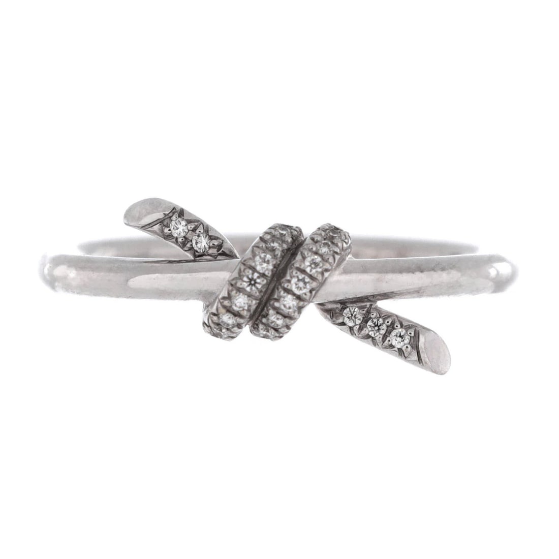 Tiffany & Co. Knot Ring 18K White Gold with Diamonds: Tiffany & Co. Knot Ring 18K White Gold with Diamonds 18K White Gold with Diamonds, a timeless Knot Ring from Tiffany & Co., boasts 18K metal purity and a sleek white gold exterior. This exquisite
