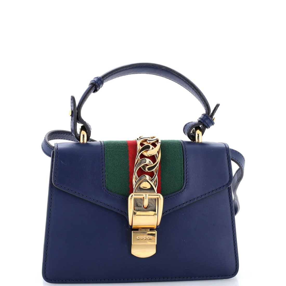 Gucci Sylvie Leather Mini Handle Top Bag: Gucci Sylvie Leather Mini Handle Top Bag The Gucci Sylvie Leather Mini Handle Top Bag boasts a sleek blue exterior and sleek gold hardware, featuring a spacious interior with suede lining. This