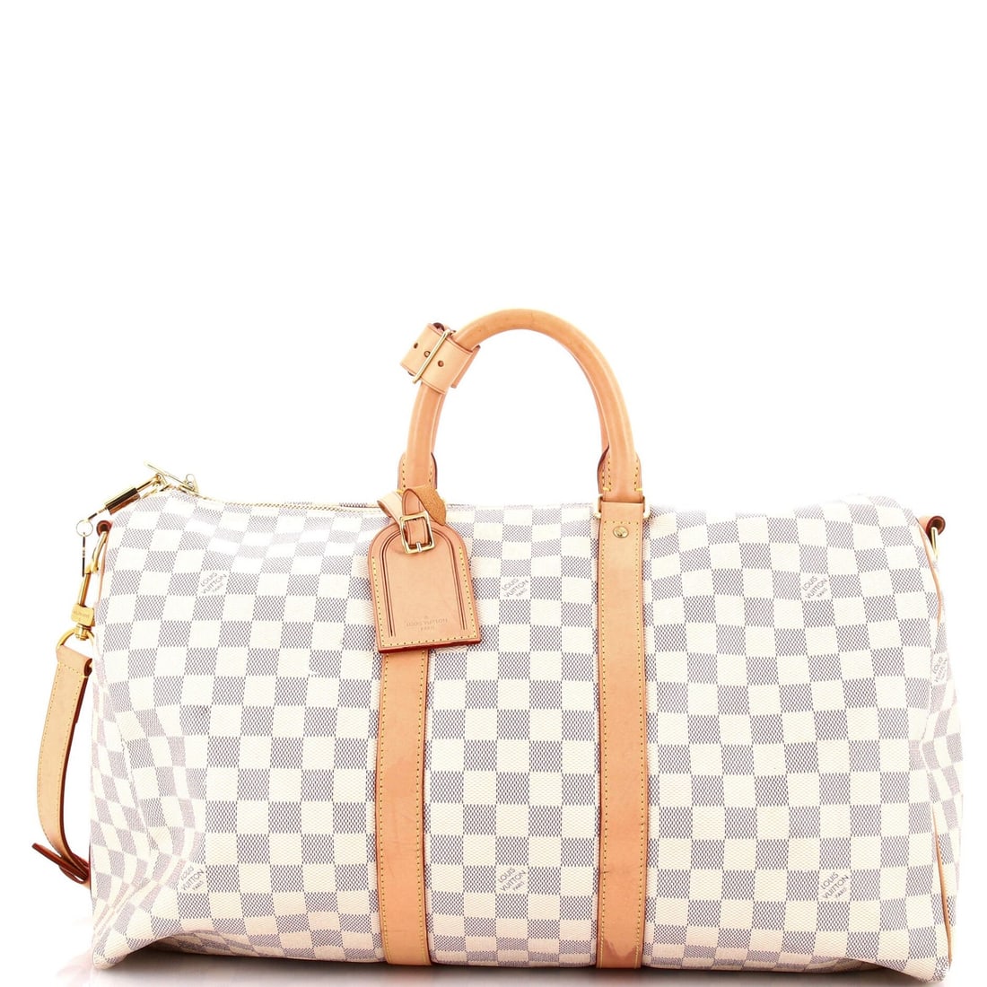 Damier 45 Vuitton Louis Bandouliere Keepall: Damier 45 Vuitton Louis Bandouliere Keepall White Damier 45 Canvas Coated Louis Vuitton Keepall Bandouliere Bag with gold hardware, featuring a neutral interior and a water-resistant exterior with