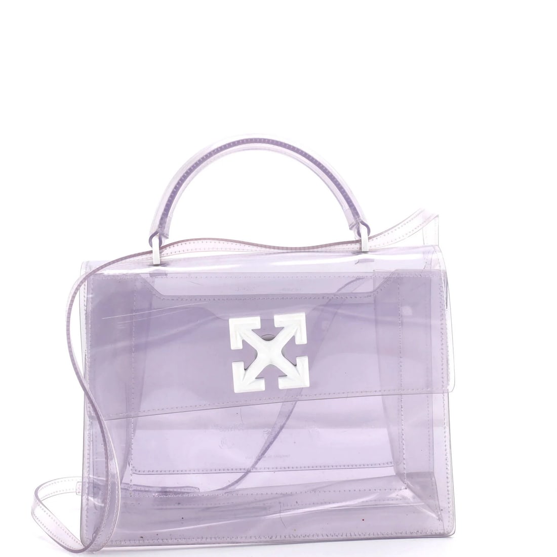 White Off Bag PVC Jitney 2.8: White Off Bag PVC Jitney 2.8 The Off White PVC Jitney 2.8 bag boasts a striking clear exterior made from durable PVC material, paired with a clear interior. Measuring 8" tall, 10" wide, and 3.5"