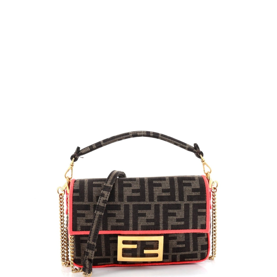 Fendi NM Bag Baguette Zucca Mini: Fendi NM Bag Baguette Zucca Mini Pink Fendi Baguette Zucca Mini in canvas with a cross body design, featuring a 23" extra strap and minor creases on exterior and handles/straps. The bag measures 4.5"