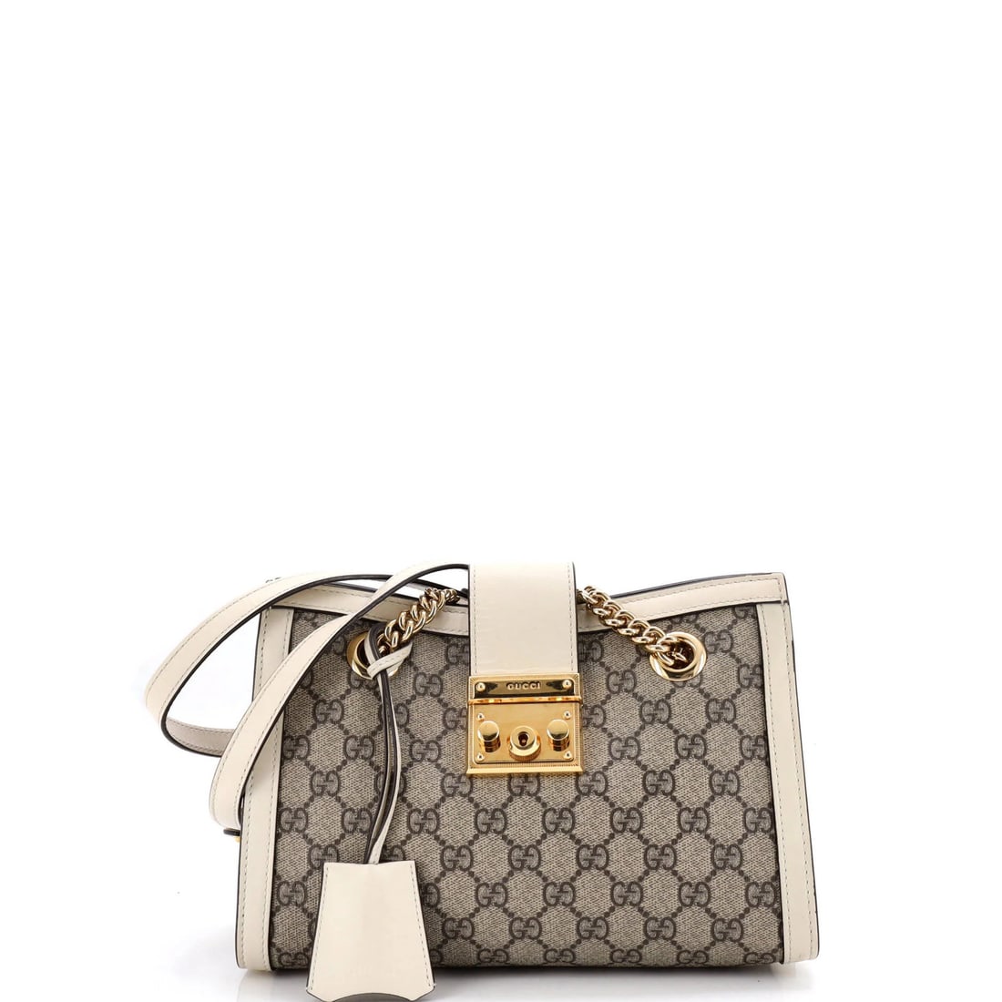 Gucci small GG canvas coated leather tote padlock chain: Gucci small GG canvas coated leather tote padlock chain Small Gucci GG Canvas Coated Leather Tote Padlock Chain, featuring a classic shoulder bag design with a unique padlock chain detail, is a stylis