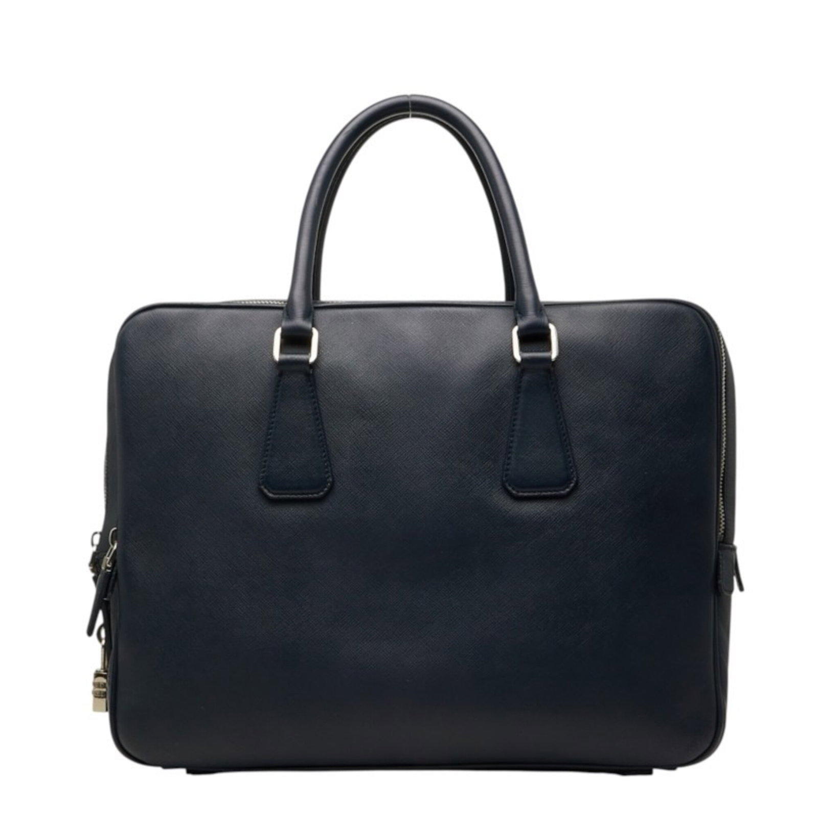 Saffiano Triangle Leather Prada Briefcase: Saffiano Triangle Leather Prada Briefcase Saffiano triangle leather provides a durable and water-resistant finish, while the classic briefcase design ensures timeless style. This navy Prada briefcase