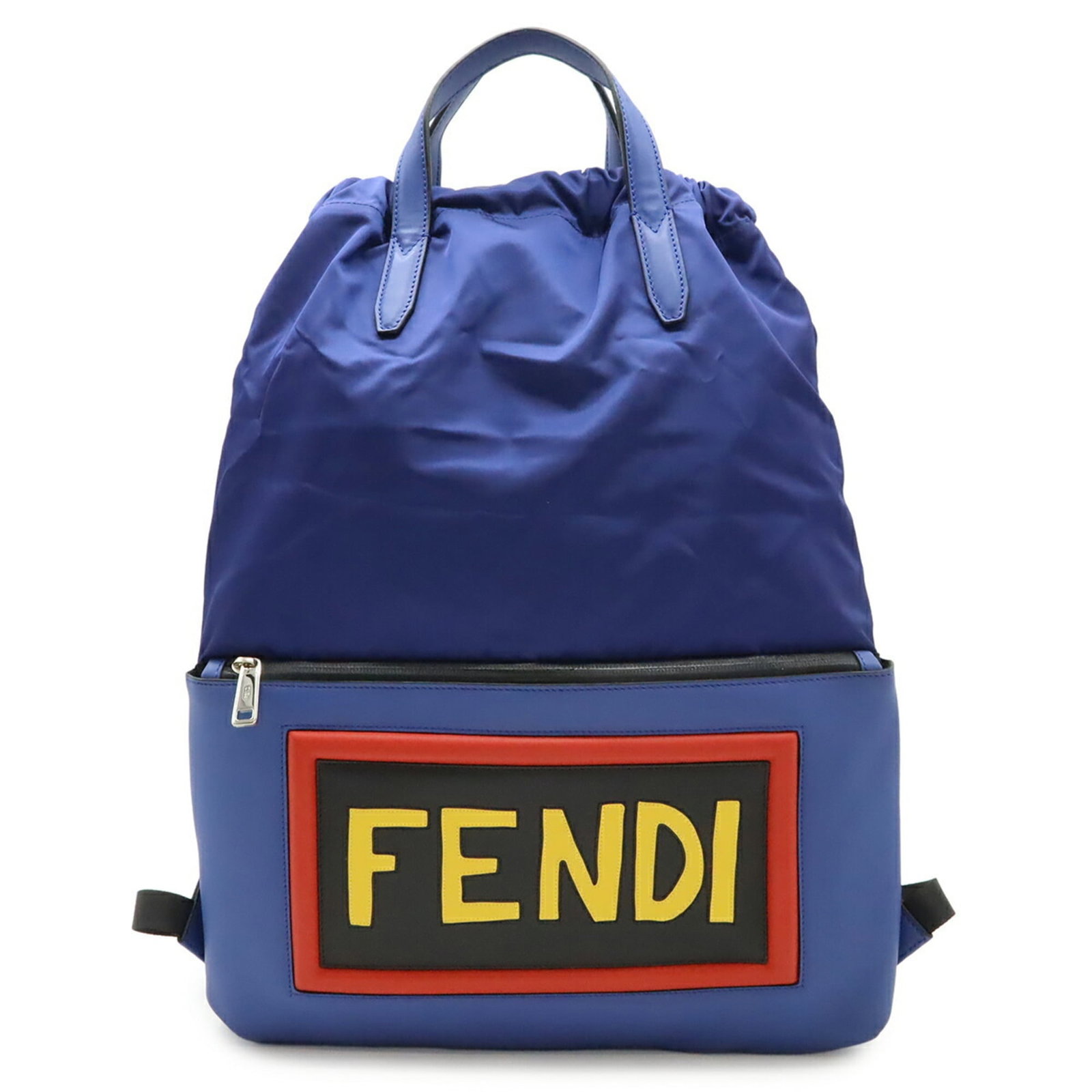 Nylon Leather Fendi Backpack: Nylon Leather Fendi Backpack Nylon and leather blend in this vibrant Fendi backpack, featuring a multi-color design that adds a pop of personality to any outfit. With its durable nylon and supple leat