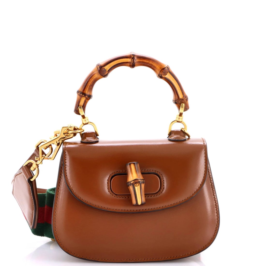 Bamboo Leather Mini Gucci Bag Top Handle 1947: Bamboo Leather Mini Gucci Bag Top Handle 1947 Brown leather mini Gucci bag with a top handle, featuring a bamboo 1947 design, measures 3" drop in handle, 4.5" height, 7" width, and 3" depth, and inclu