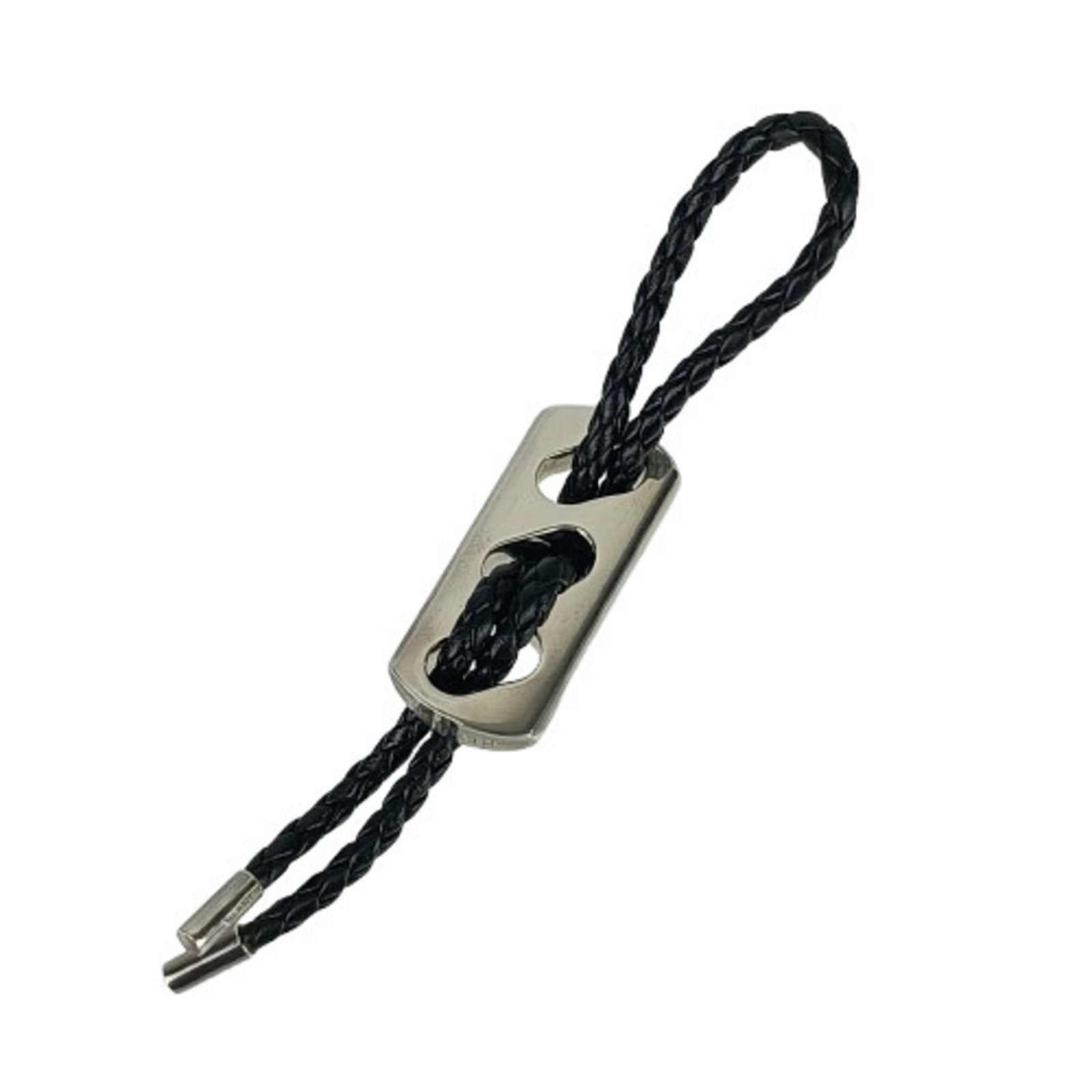 Hermes Key Silver Leather 925: Hermes Key Silver Leather 925 Silver-plated 925 chain links a sleek black leather strap to a silver-plated key fob, finished with a subtle 925 hallmark. The elegant design makes for a sophisticated ac