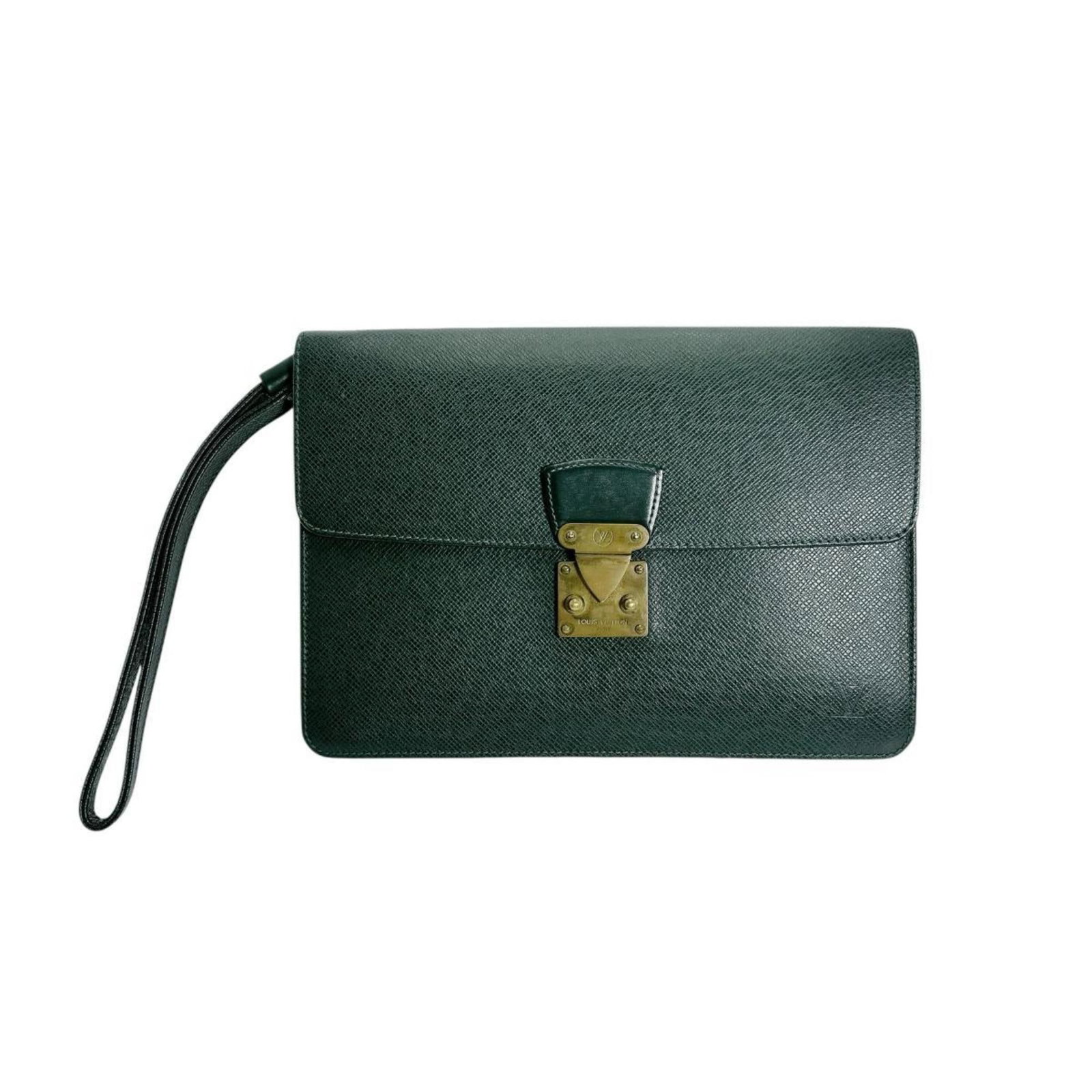 Vuitton Taiga Leather Clutch Bag: Vuitton Taiga Leather Clutch Bag Taiga leather craftsmanship meets timeless elegance in this Louis Vuitton Clutch Bag, featuring Episea green tones and a sleek design. Measuring 19cm x 26cm x 2.5cm,