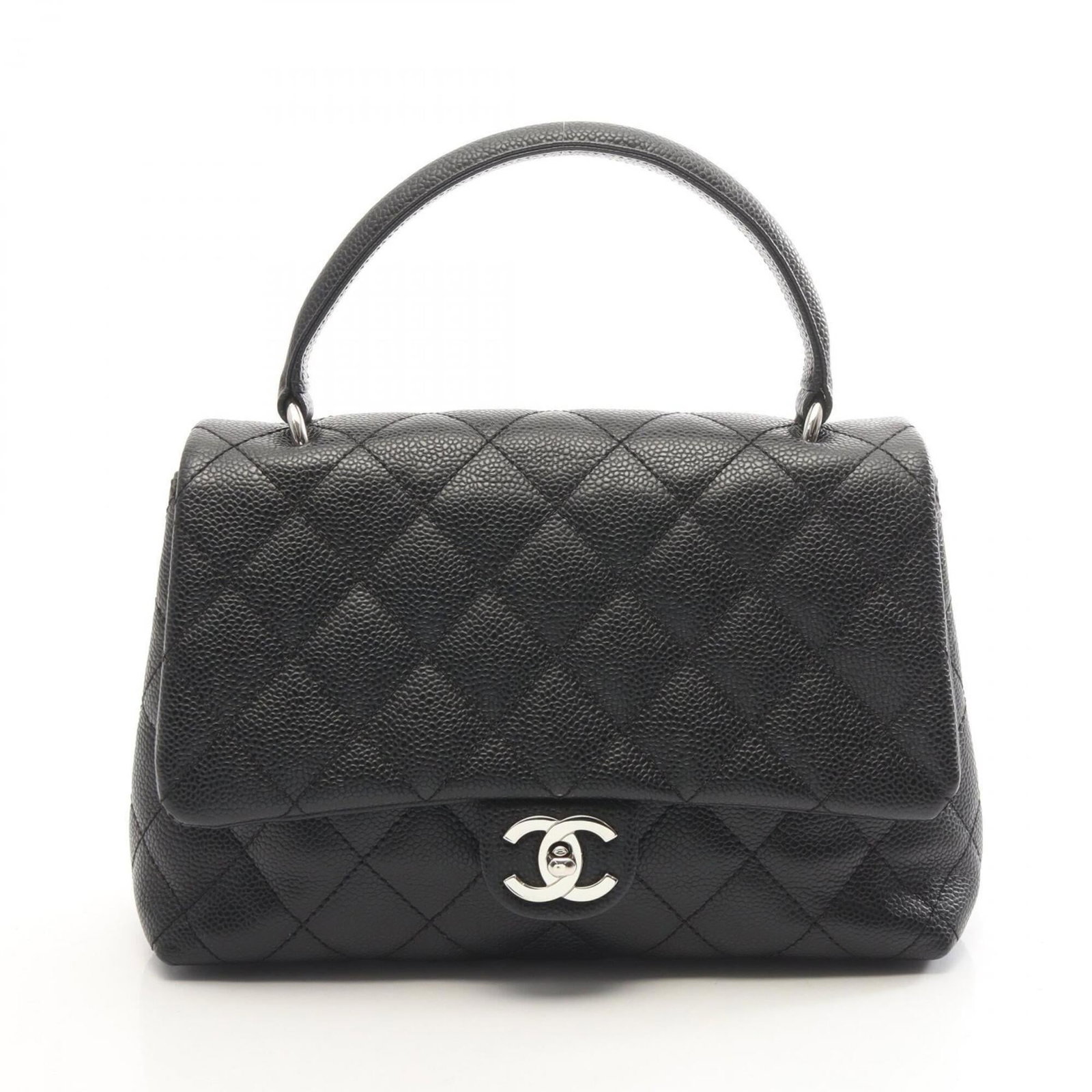 Calfskin Handbag Chanel: Calfskin Handbag Chanel Grained calfskin gives this black Chanel handbag a luxurious feel, while its compact size makes it perfect for everyday use. Measuring 19cm x 26cm x 9cm, this stylish bag is