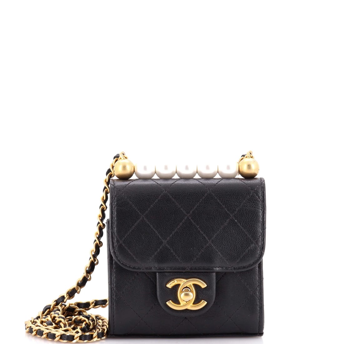 Chic Flap Clutch Pearls Quilted Goatskin Mini Chain Chanel: Chic Flap Clutch Pearls Quilted Goatskin Mini Chain Chanel Chic Flap Clutch Pearls Quilted Goatskin Mini Chain Chanel features faux pearl leather exterior in black, with quilted goatskin details and