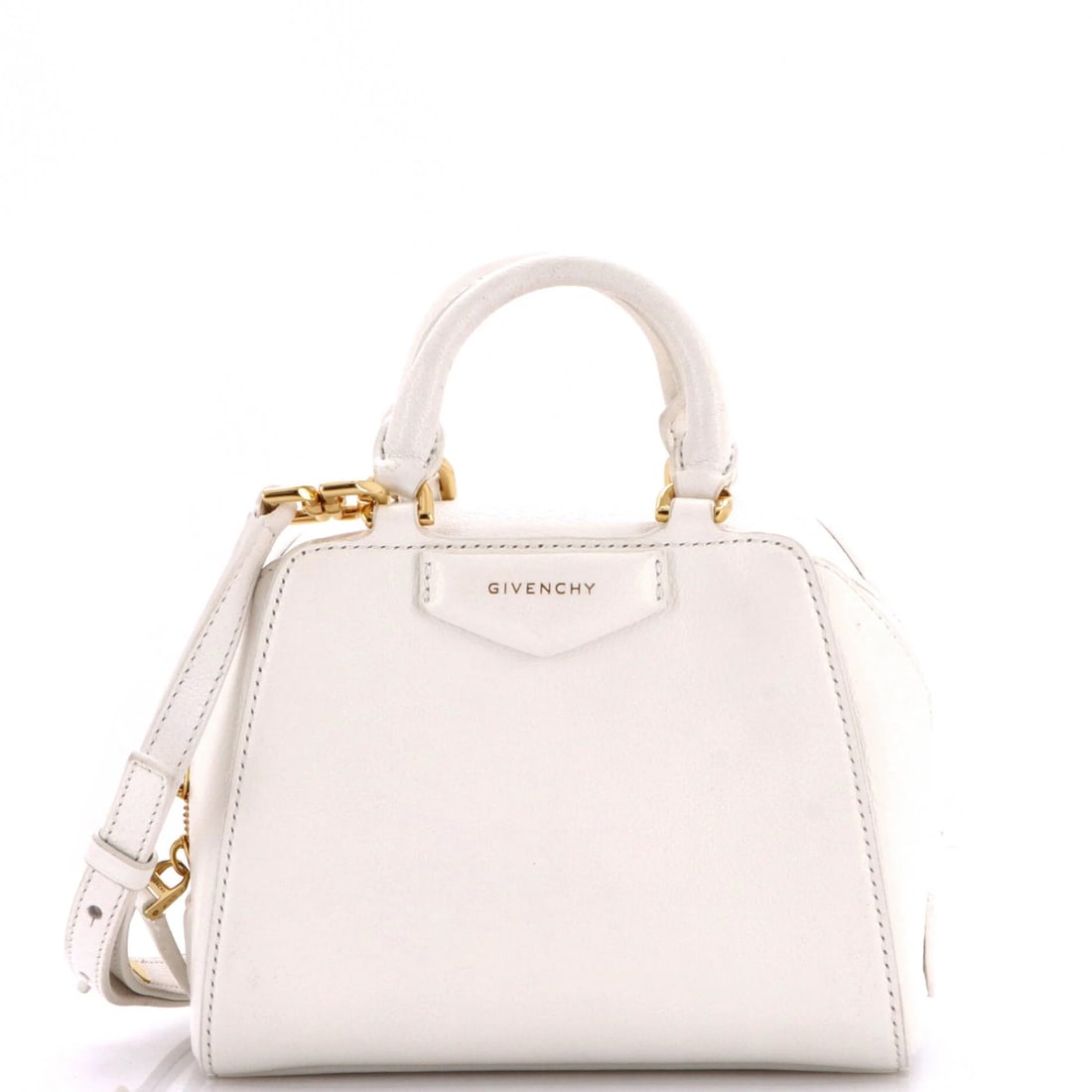 Leather Nano Cube Bag Antigona Givenchy: Leather Nano Cube Bag Antigona Givenchy White Leather Nano Cube Bag with Gold Hardware, featuring a neutral interior and minor scuffs on exterior and interior. The Antigona Cube Bag from Givenchy