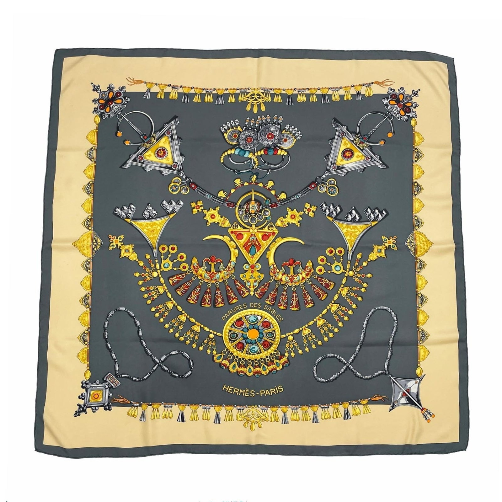 Silk Hermes Scarf: Silk Hermes Scarf Item Specifics: Brand: Hermes Type: Scarf Gender: Men,Women Color: Beige, Green Material: Silk Size (LxW): 86cm x 89cm / 33.85'' x 35.03'' Product Disclaimer: Minor wear from age or