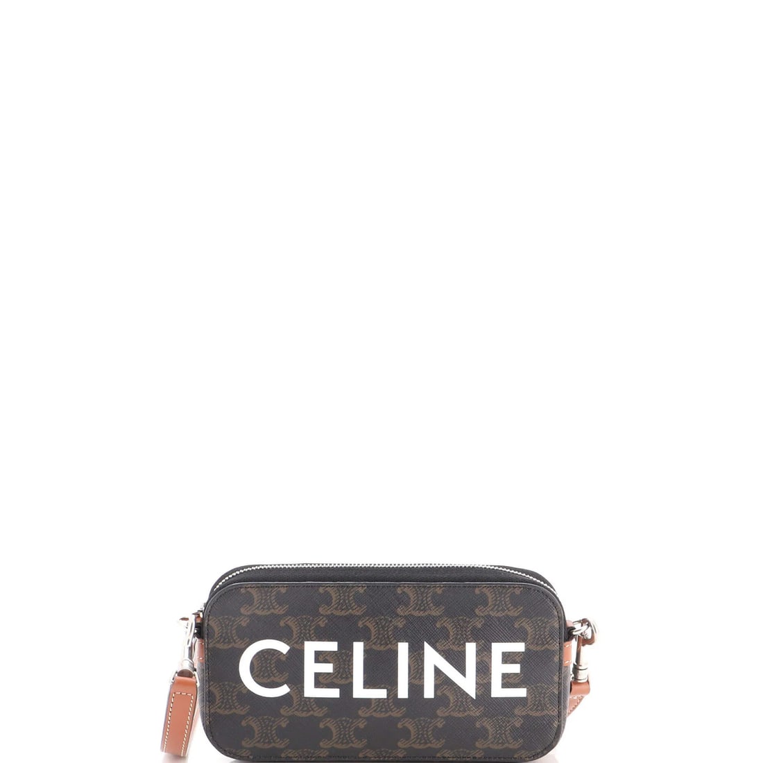 Triomphe Logo Crossbody Pouch Canvas Coated Celine Horizontal: Triomphe Logo Crossbody Pouch Canvas Coated Celine Horizontal Canvas Coated Celine Triomphe Logo Crossbody Pouch Bag with Brown Exterior and Interior, featuring a horizontal design and silver
