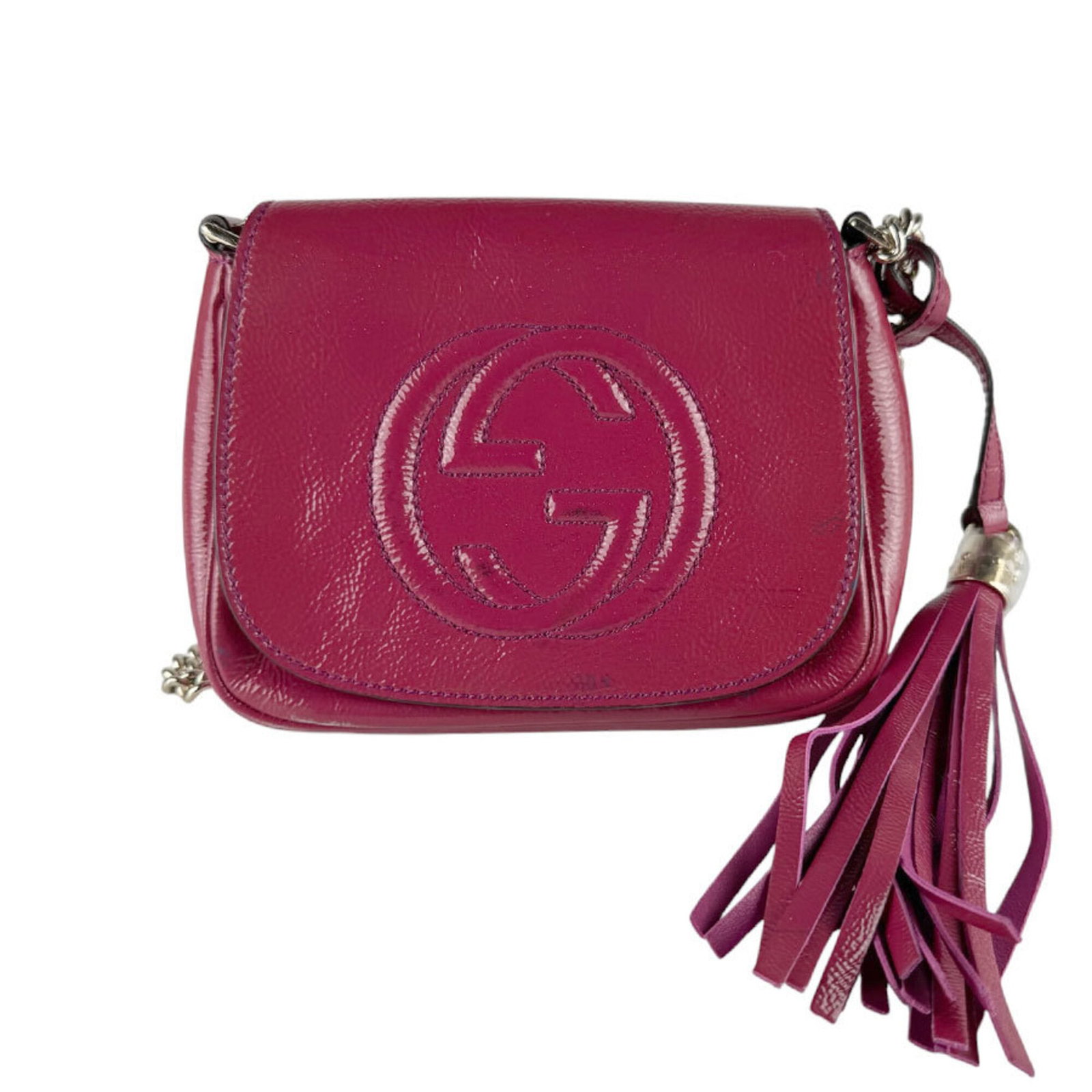 Patent Leather Shoulder Bag Gucci: Patent Leather Shoulder Bag Gucci Patent leather Gucci shoulder bag in pink, measuring 14cm x 17cm x 5cm. This stylish bag features patent leather material and a sleek design. A distinctive pink