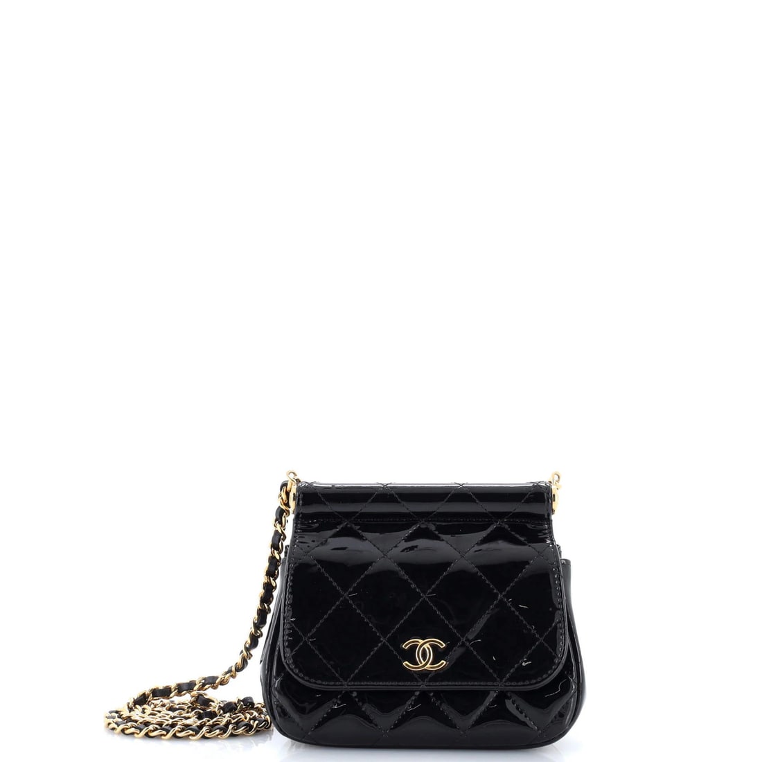 Chanel CC Frame Quilted Patent Chain Flap Clutch: Chanel CC Frame Quilted Patent Chain Flap Clutch Patent leather exterior adds a touch of sophistication to this CC Frame Quilted Chain Flap Clutch, featuring a quilted design and chain flap details. T