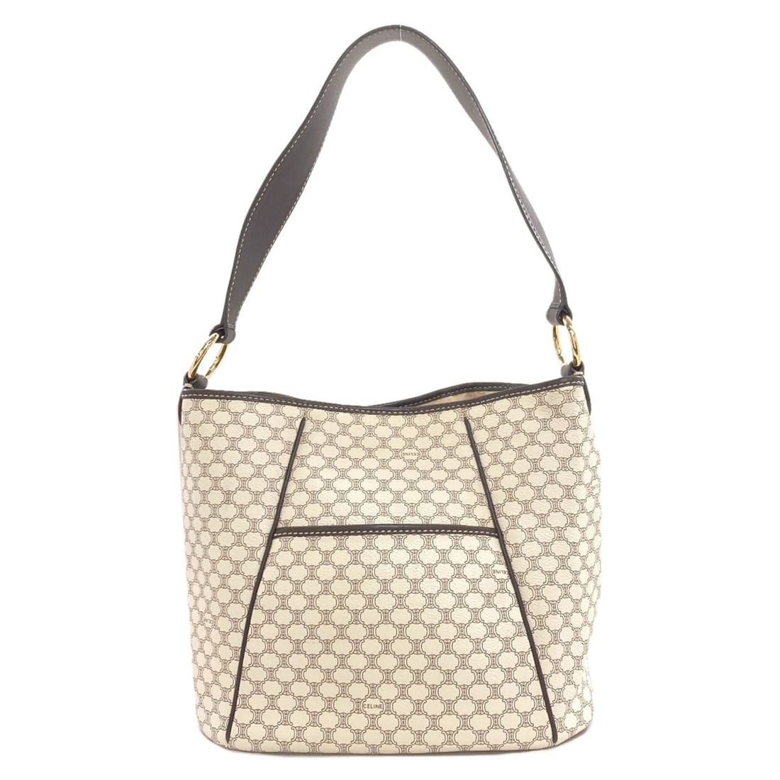 Macadam Pattern Celine Pvc Leather Shoulder Bag: Macadam Pattern Celine Pvc Leather Shoulder Bag White Macadam Pattern Celine PVC Leather Shoulder Bag with magnetic closure, measuring 9.6 inches in height and 5.5 inches in depth, features a unique