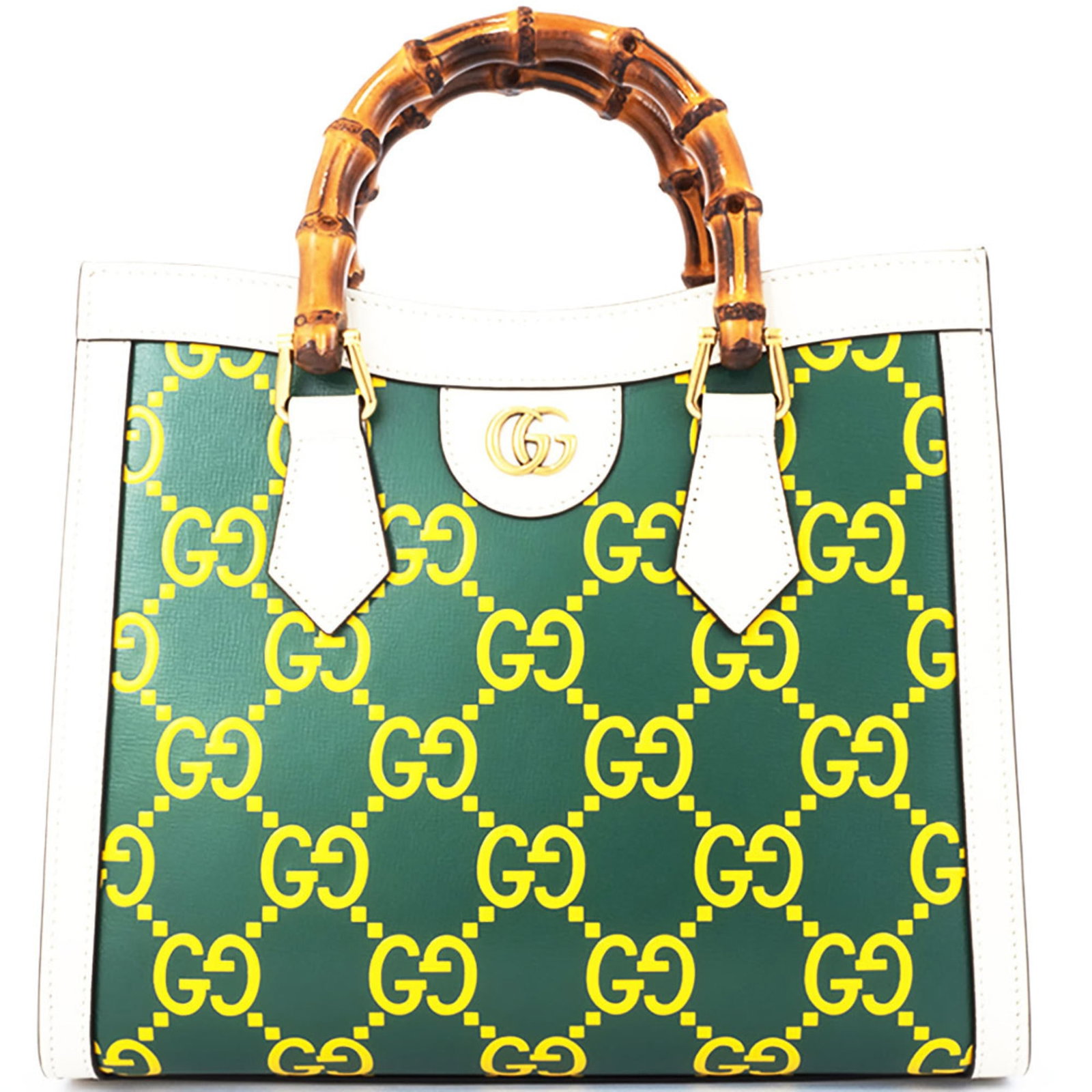 Handbag Leather Gucci: Handbag Leather Gucci Gucci's iconic 660195 handbag boasts a striking green, white, and yellow color combination, making it a unique and eye-catching accessory. Measuring 23cm x 27cm x 10.5cm, this st