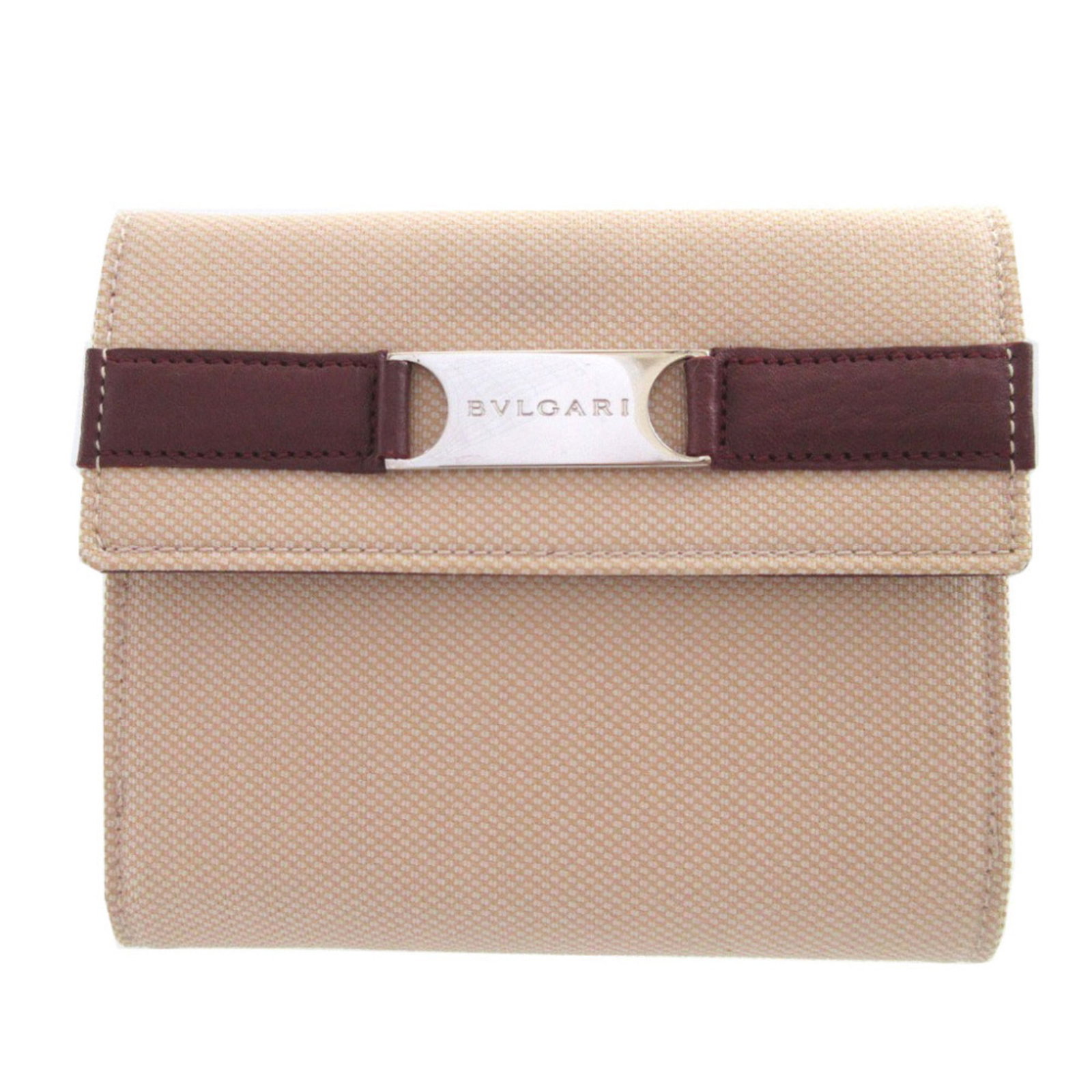 Bvlgari Wallet (Bi-Fold) Canvas: Bvlgari Wallet (Bi-Fold) Canvas Canvas Bvlgari Wallet: A stylish bi-fold wallet from the Italian luxury brand, crafted from high-quality canvas with a classic beige and Bordeaux color combination. Mea