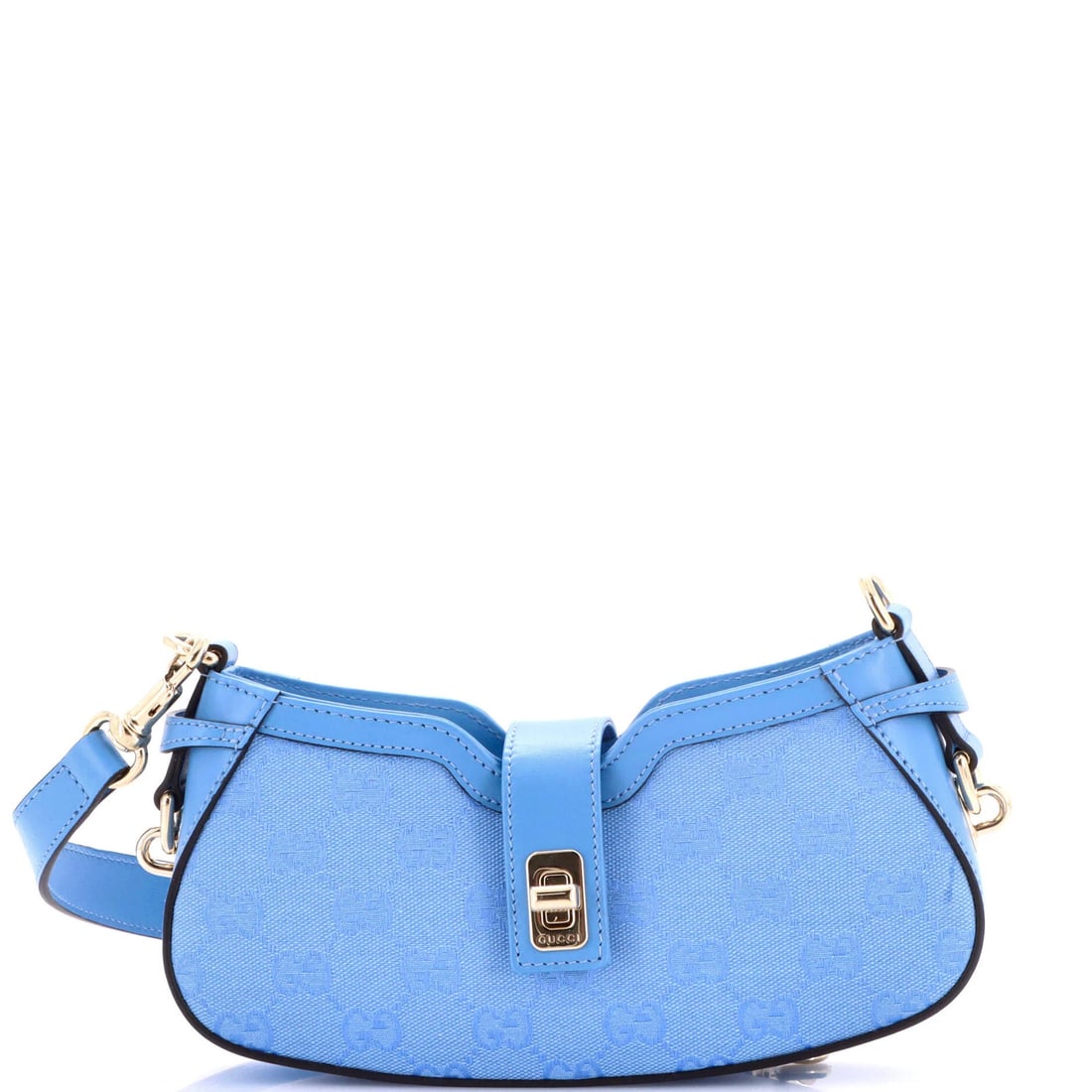 Moon Side Bag GG Canvas Mini Gucci: Moon Side Bag GG Canvas Mini Gucci The Moon Side Bag GG Canvas Mini Gucci is a stylish and compact shoulder bag made from high-quality canvas and plain leather. Measuring 4" in height, 9" in width,