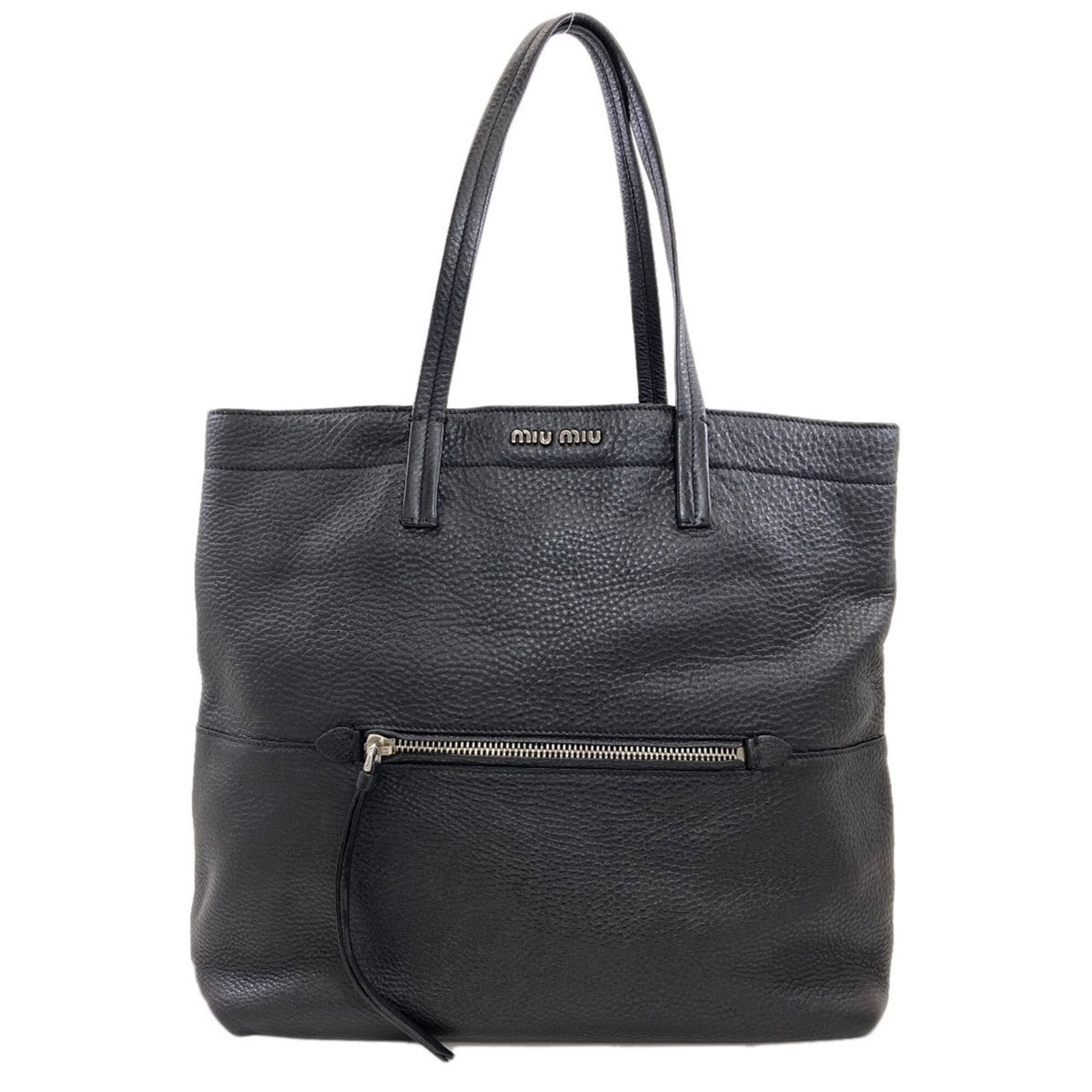 Miu Tote Bag Leather: Miu Tote Bag Leather Black leather tote bag with a 50cm handle, measuring 34.5cm x 40.5cm x 14cm. This Miu Miu tote features a classic design with clean lines and a spacious interior. Item Specifics: