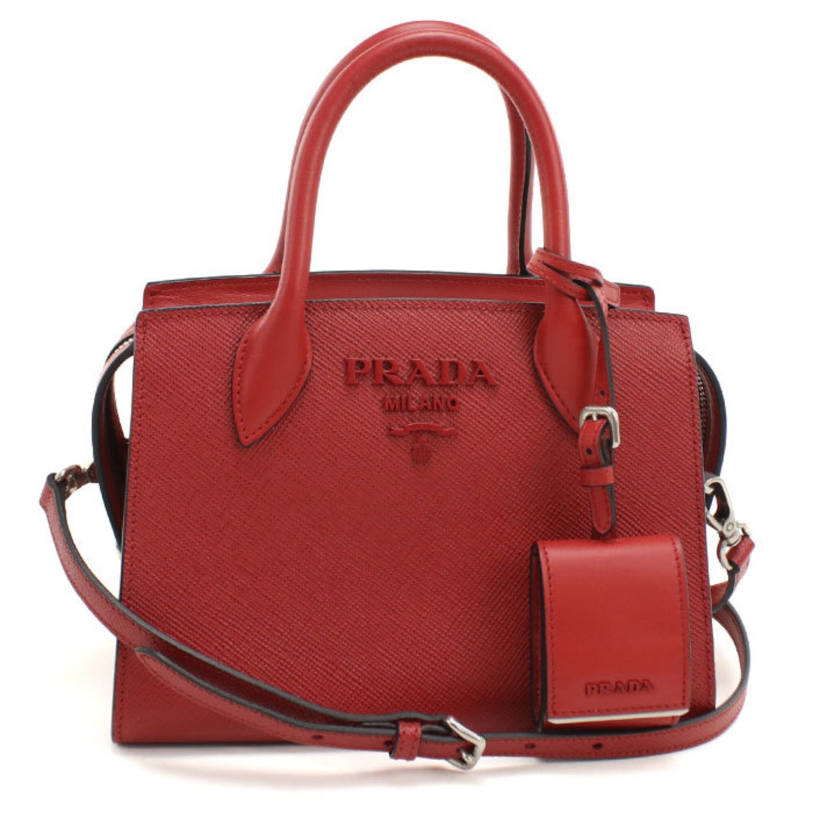 Handbag Leather Prada: Handbag Leather Prada This Prada handbag is made from high-quality leather and features a striking red color. Its sleek design and silver hardware add a touch of sophistication, making it a stylish
