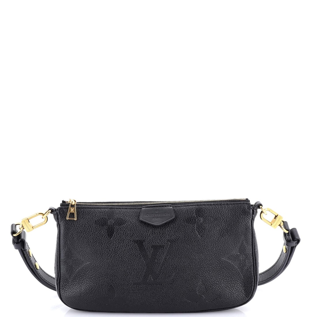 Louis Vuitton Giant Pochette Accessoires Monogram Empreinte: Louis Vuitton Giant Pochette Accessoires Monogram Empreinte Black Louis Vuitton Giant Pochette Accessoires Monogram Empreinte cross body bag with 11.5" handle drop, 18" strap drop, and gold hardware.
