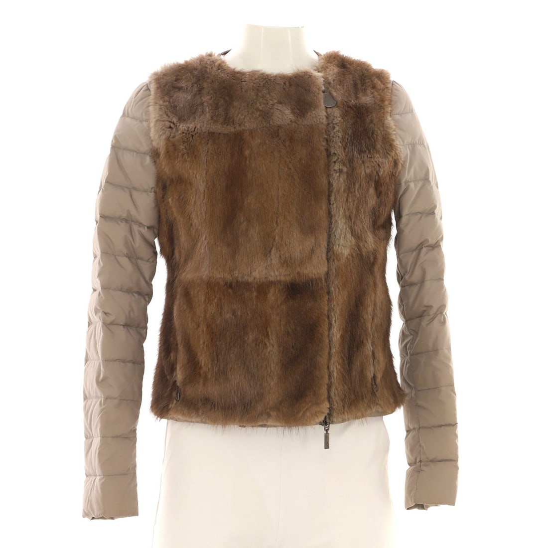 Moncler Women's Collarless Zip Puffer Jacket Fur with Quilted Polyamide: Moncler Women's Collarless Zip Puffer Jacket Fur with Quilted Polyamide Fur-lined collarless zip puffer jacket from Moncler, featuring a neutral exterior and interior, and quilted polyamide details.
