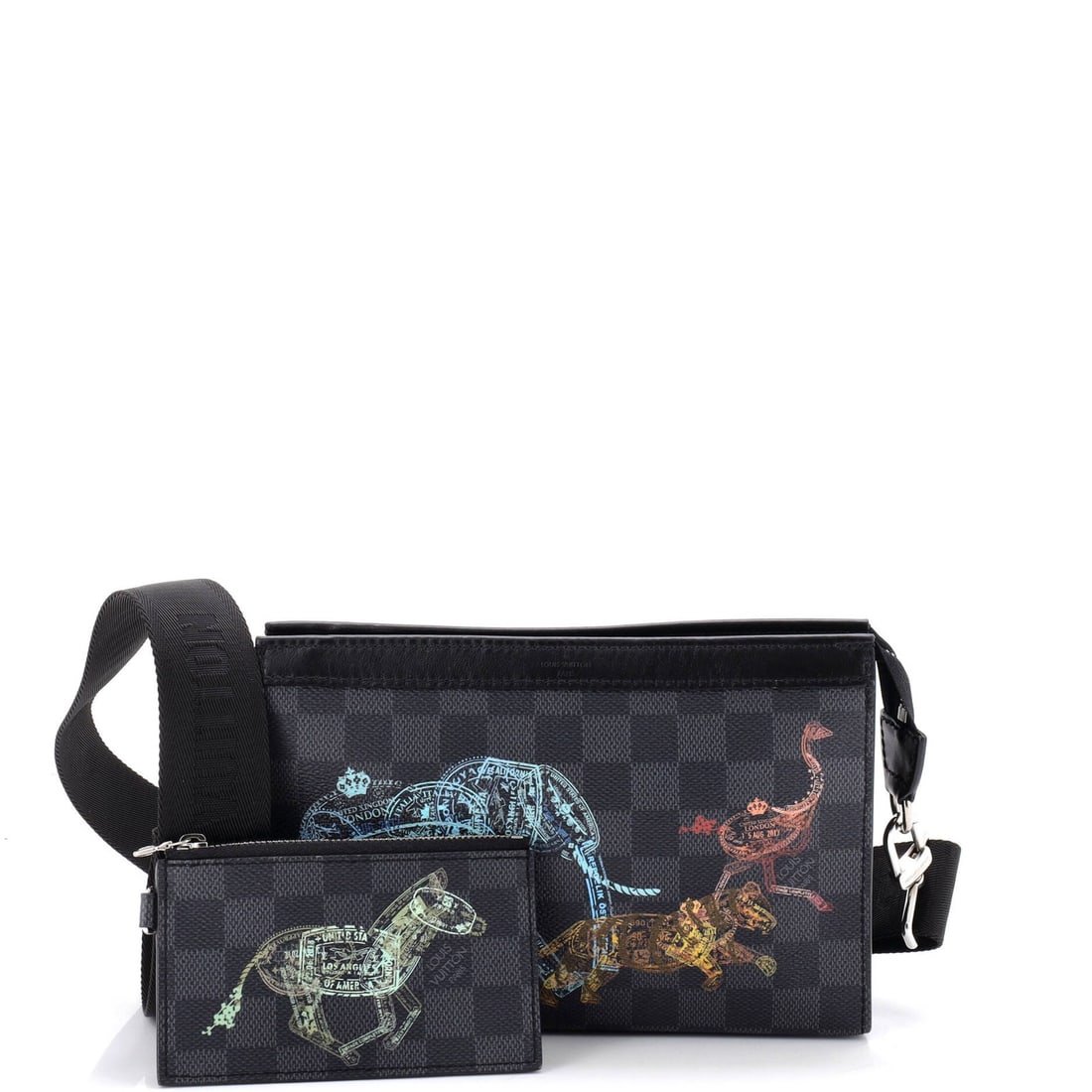 Limited Edition Wild Animals Damier Wallet Wearable Gaston: Limited Edition Wild Animals Damier Wallet Wearable Gaston Black canvas-coated Gaston wearable wallet in a limited edition Wild Animals Damier design. This unique cross-body bag features a pochette wi