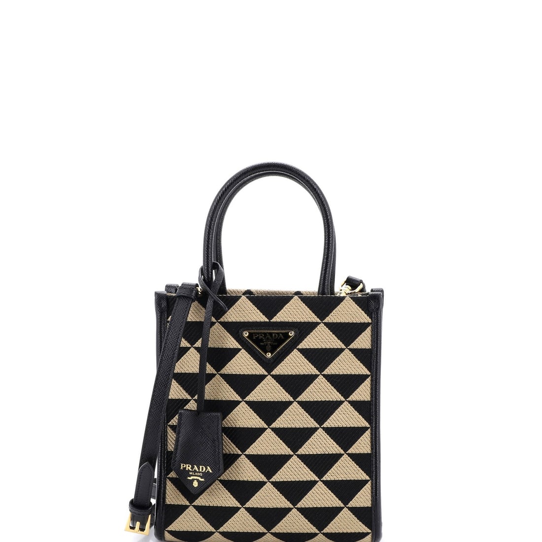 Jacquard Mini Tote Shopper Symbole Prada: Jacquard Mini Tote Shopper Symbole Prada Neutral-colored Jacquard canvas mini tote with a symbole shopper design, featuring a clochette with strap. The bag measures 7.5" in height, 6.5" in width, and 