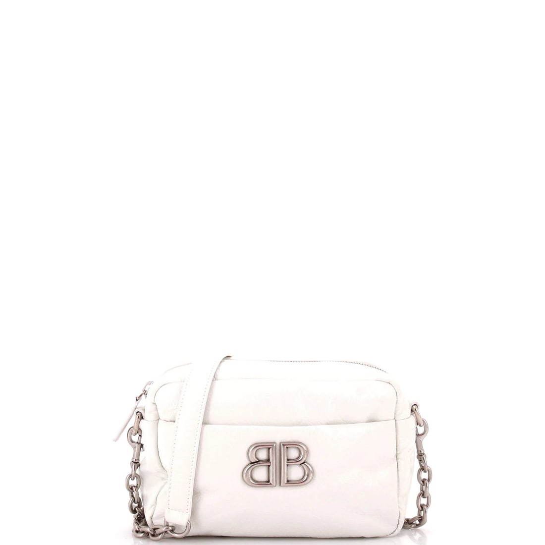 Monaco Camera Leather Bag XS: Monaco Camera Leather Bag XS White leather Monaco Camera bag from Balenciaga, featuring a cross body design with a 21.5" strap drop. The bag has a small XS size, measuring 5" height, 8" width, and 3"