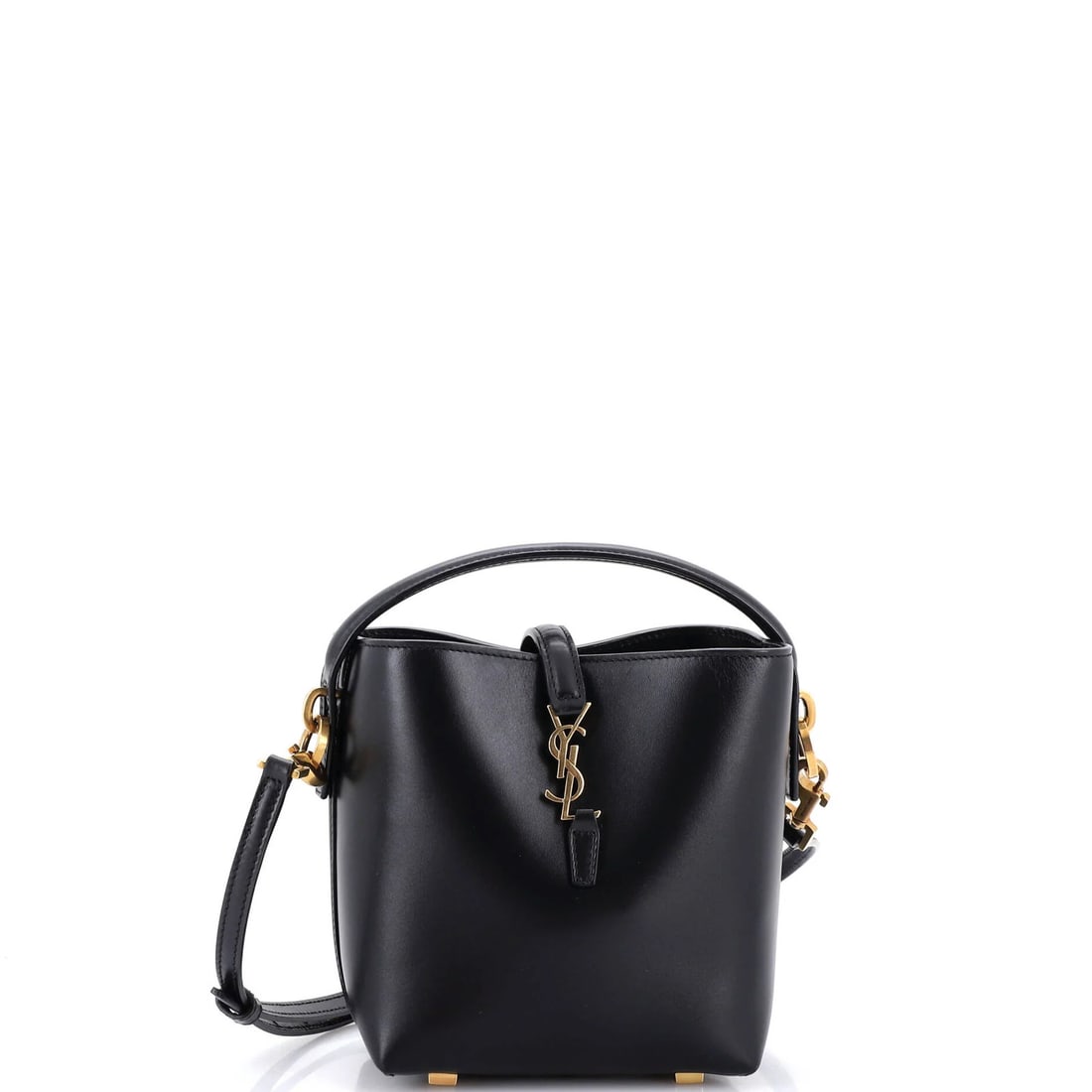 Laurent Saint Le 37 Mini Leather Bucket Bag: Laurent Saint Le 37 Mini Leather Bucket Bag The Saint Laurent Le 37 Mini Leather Bucket Bag is a sleek and stylish accessory, featuring a black leather exterior with minor scuffs and creases.