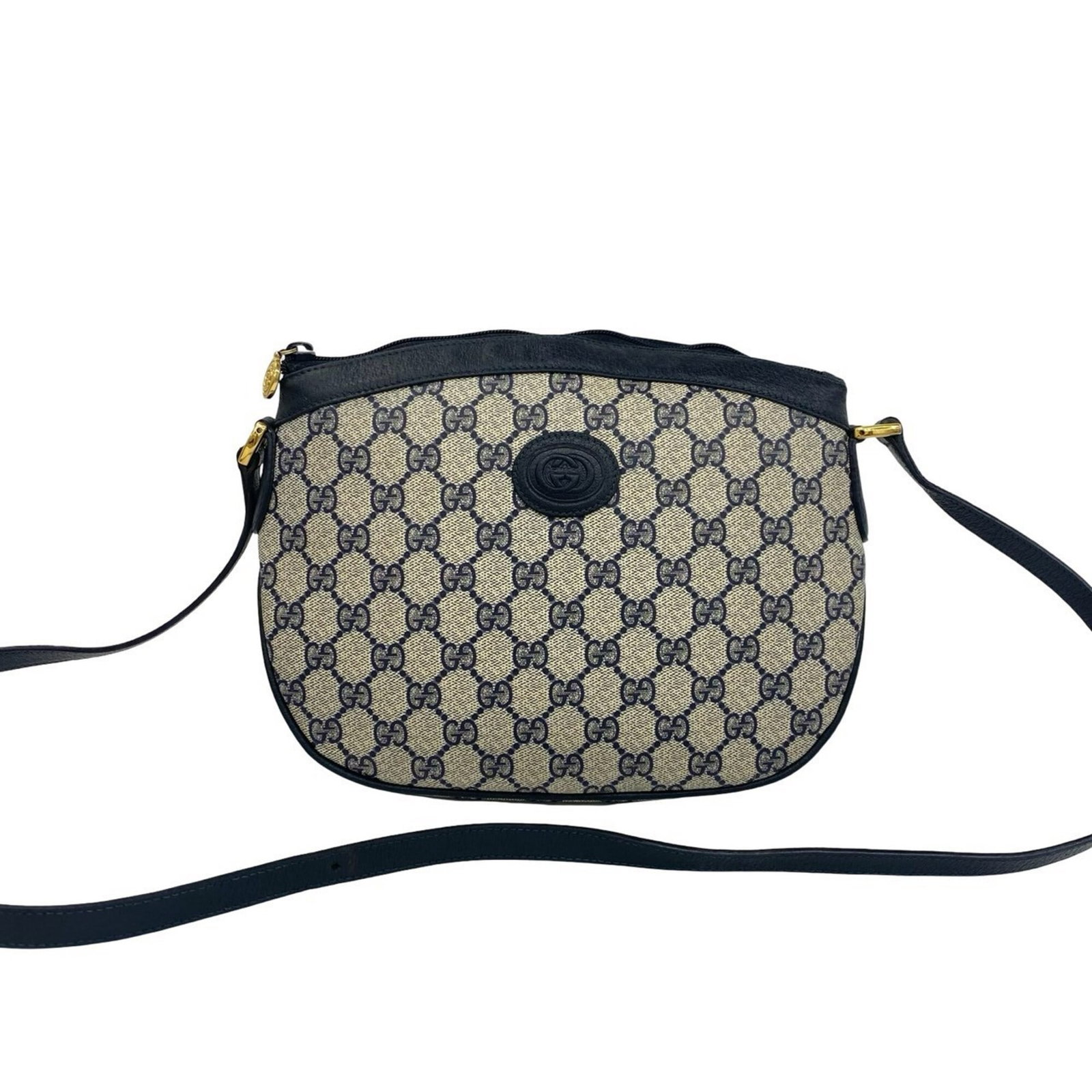 Shoulder Bag Leather Pvc Gucci Pochette: Shoulder Bag Leather Pvc Gucci Pochette Navy leather and PVC Gucci pochette with classic shoulder design, measuring 27cm x 21cm x 6cm. This stylish shoulder bag features a timeless combination of