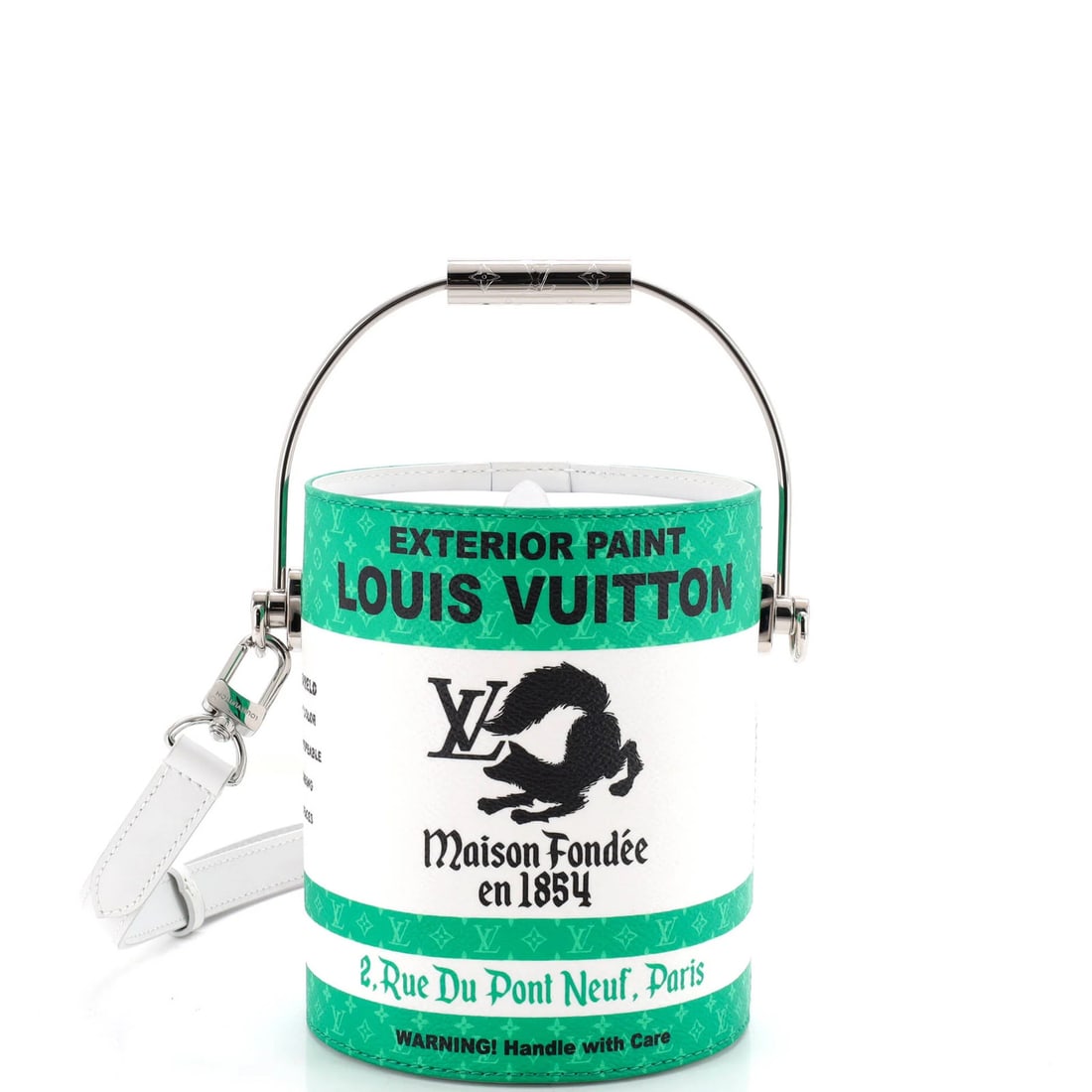 LV Paint Can Bag Monogram Canvas Leather: LV Paint Can Bag Monogram Canvas Leather Canvas Coated Leather exterior with a unique green and white color scheme, this Louis Vuitton Paint Can Bag features a distinctive monogram pattern and a