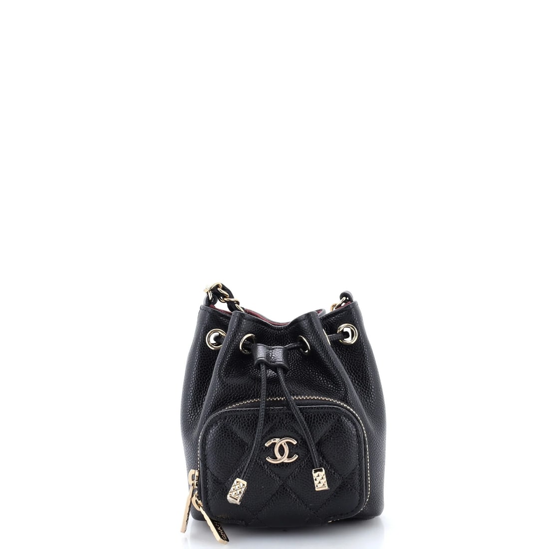 Business Affinity Drawstring Caviar Mini Quilted Bucket Bag Chanel: Business Affinity Drawstring Caviar Mini Quilted Bucket Bag Chanel Black leather quilted caviar mini bucket bag from Chanel's Business Affinity collection, featuring a classic design with a drawstring