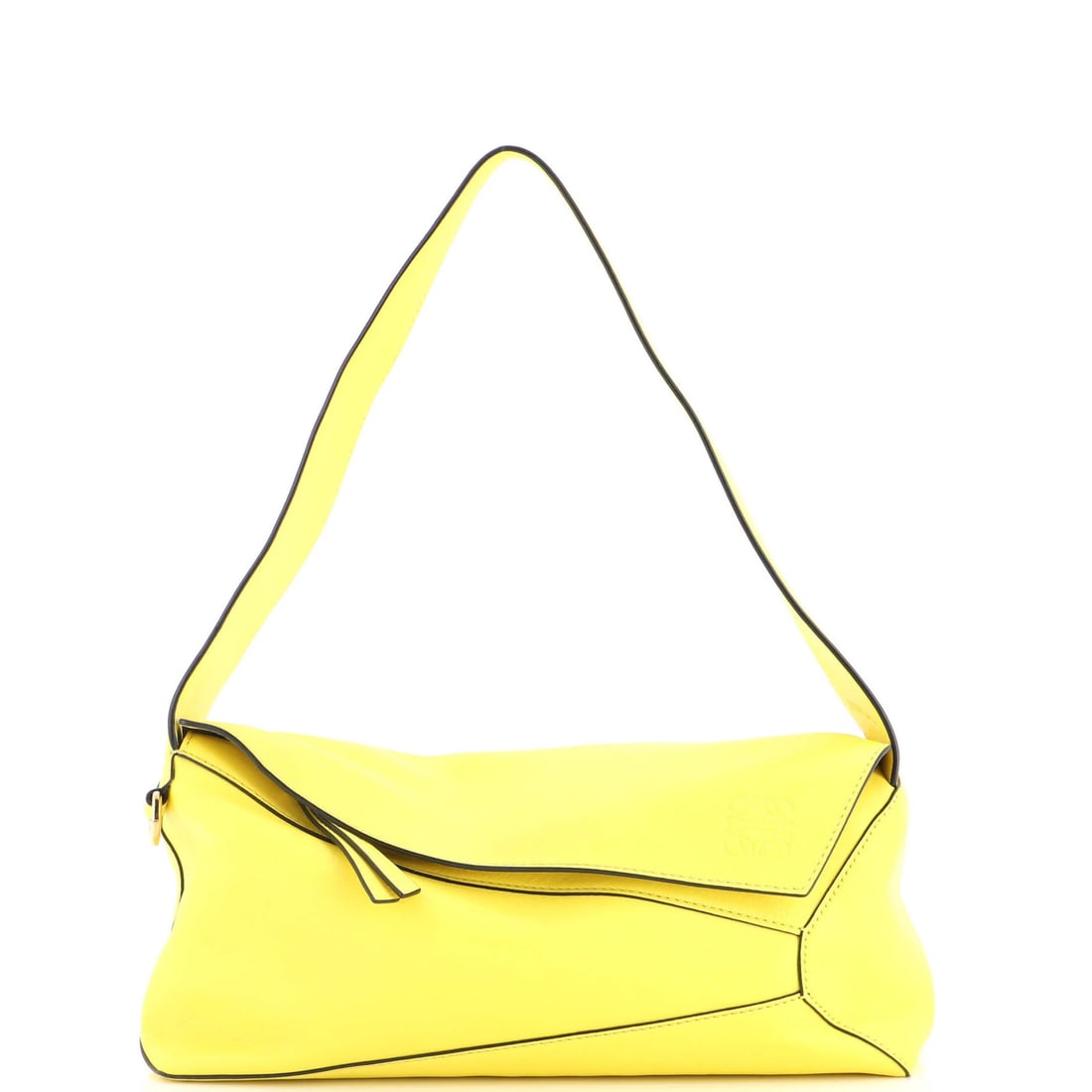 Hobo Leather Puzzle Loewe: Hobo Leather Puzzle Loewe Yellow Loewe Hobo Leather Puzzle Bag with Gold Hardware, featuring a classic design with minor scuffs and creases, and a neutral interior. The bag measures 7" drop handle,