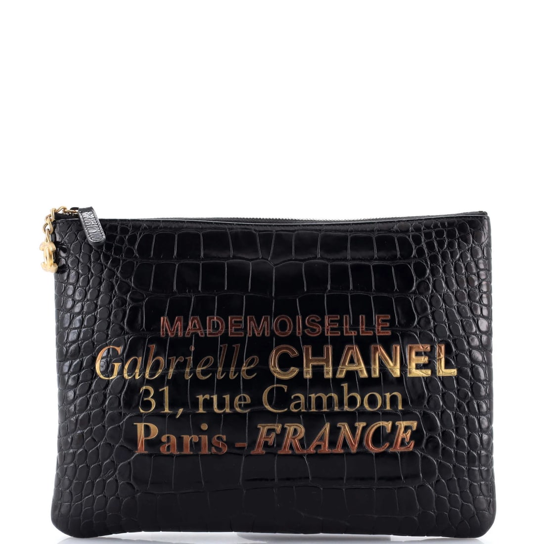 Chanel Signature O Case Pouch Printed Crocodile Embossed Calfskin Medium: Chanel Signature O Case Pouch Printed Crocodile Embossed Calfskin Medium Black leather exterior with a printed crocodile embossed design, the Chanel Signature O Case Pouch is a stylish medium-sized cl