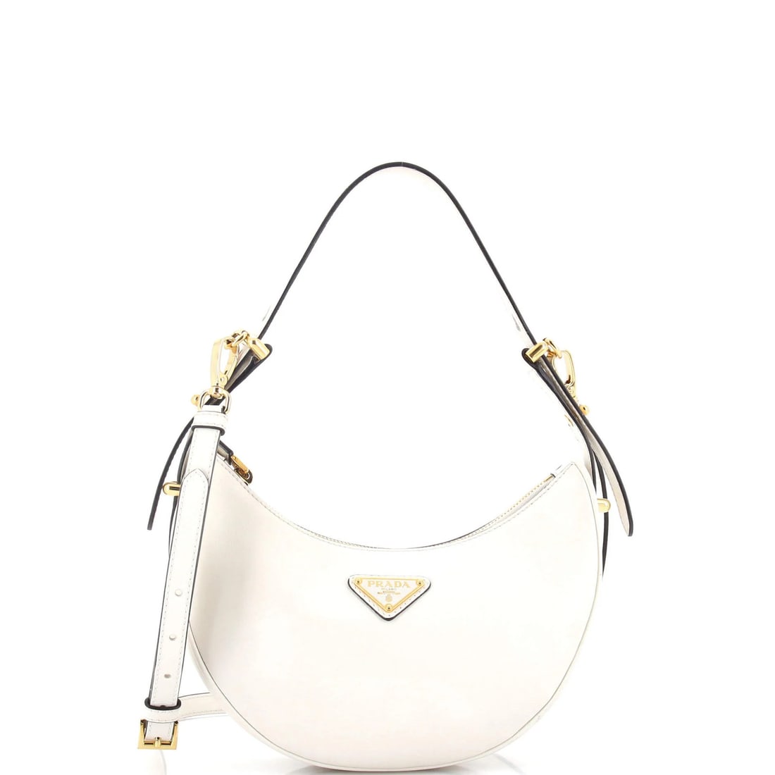 Half Moon Hobo Leather Small Prada Arque: Half Moon Hobo Leather Small Prada Arque Small Prada Arque Half Moon Hobo Leather Bag. This white leather small Prada Arque half moon hobo features gold hardware and a classic design. With its slight 