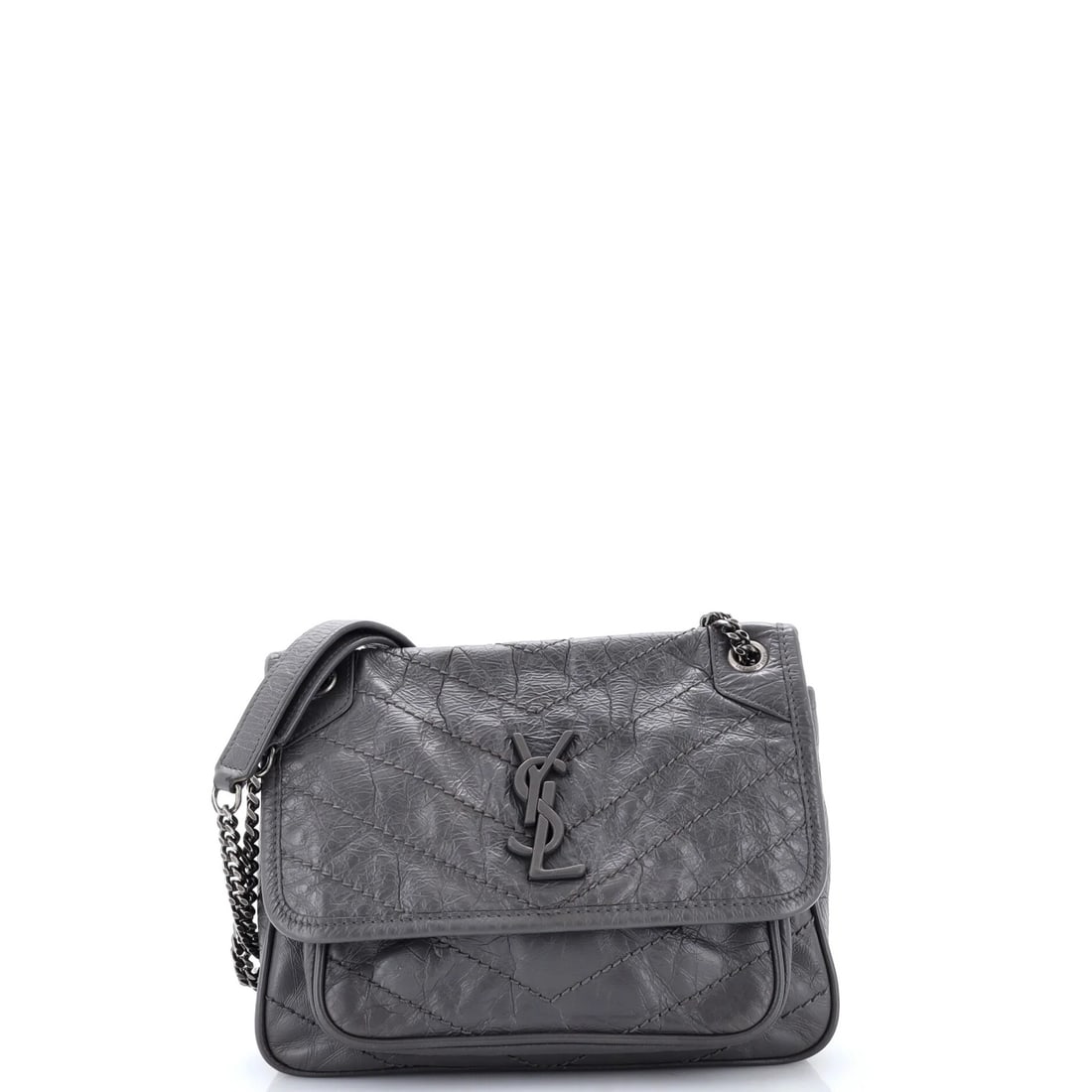 Matelasse Leather Baby Chevron Chain Niki Flap Bag Saint Laurent: Matelasse Leather Baby Chevron Chain Niki Flap Bag Saint Laurent The Matelasse Leather Baby Chevron Chain Niki Flap Bag from Saint Laurent boasts a striking gray exterior with intricate chevron patter