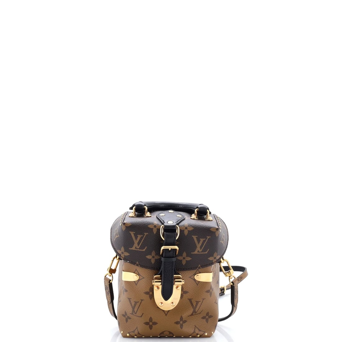 Louis Vuitton Monogram Canvas Handbag Studded Box Camera: Louis Vuitton Monogram Canvas Handbag Studded Box Camera Brown Louis Vuitton Monogram Canvas Handbag Studded Box Camera with Gold Hardware and Microfiber Black Interior. This Louis Vuitton Camera Box 