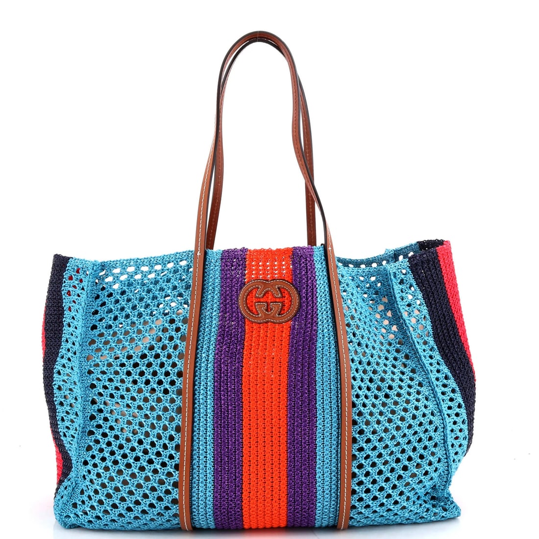 Raffia Web Interlocking Tote Medium Gucci: Raffia Web Interlocking Tote Medium Gucci Raffia web interlocking tote in medium size, featuring a multicolor exterior with Gucci branding. The exterior shows minor creases, while the interior is also