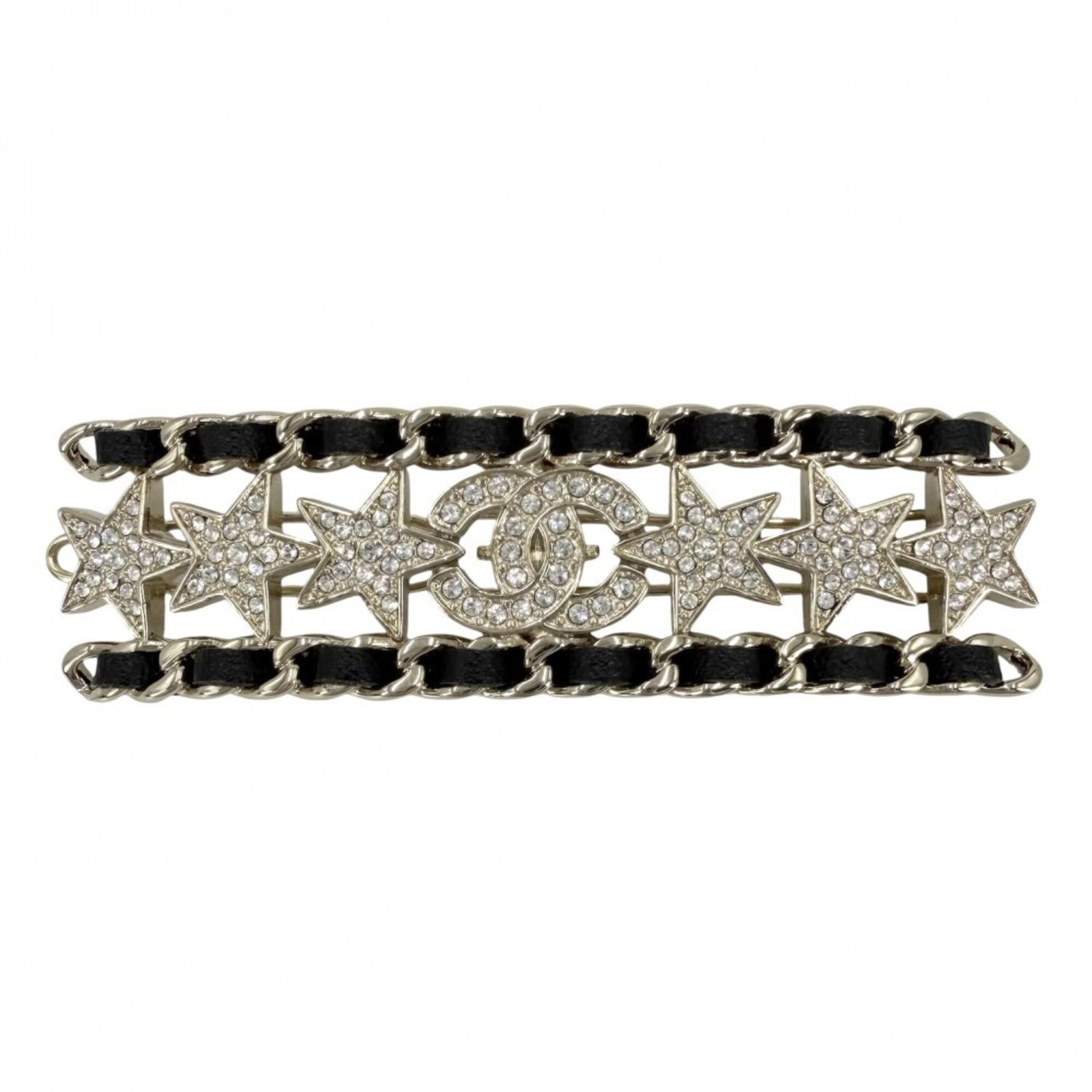 Barrette Leather: Barrette Leather Gold plated rhinestone barrette in black leather, measuring 1.8cm x 7cm. This elegant accessory features a striking gold finish and a subtle leather texture. Item Specifics: Brand: