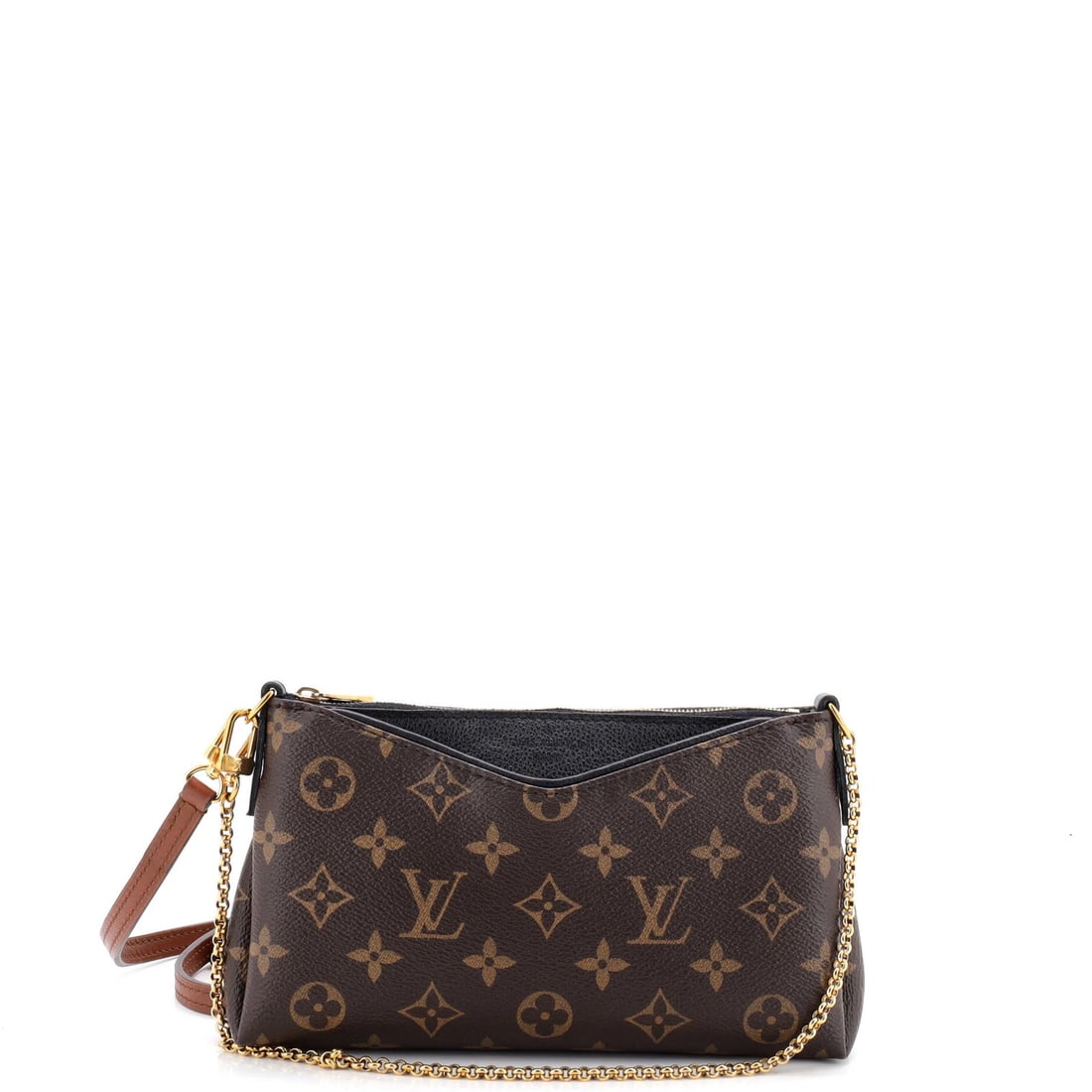 Canvas Monogram Leather Louis Pallas Vuitton Clutch: Canvas Monogram Leather Louis Pallas Vuitton Clutch Canvas Monogram Leather Louis Vuitton Clutch in Black features a classic Pallas design with a canvas-coated leather exterior and gold hardware. The 