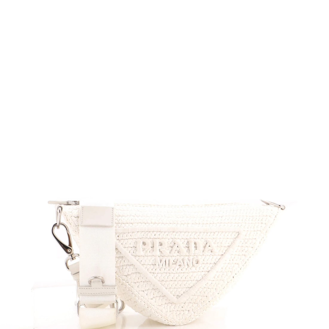 Small Raffia Crossbody Logo Zip Bag Prada: Small Raffia Crossbody Logo Zip Bag Prada White Raffia Small Cross Body Bag with Triangle Logo Zip Features a unique crochet raffia exterior and a spacious interior, making it a stylish and