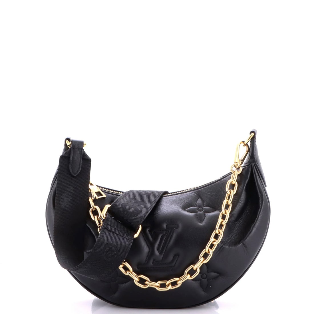 Moon Bag Leather Bubblegram Vuitton Louis Over: Moon Bag Leather Bubblegram Vuitton Louis Over Black Louis Vuitton Over The Moon Bag Bubblegram Leather shoulder bag with a gold hardware and extra strap. Measuring 6.5" in height, 10" in width, and