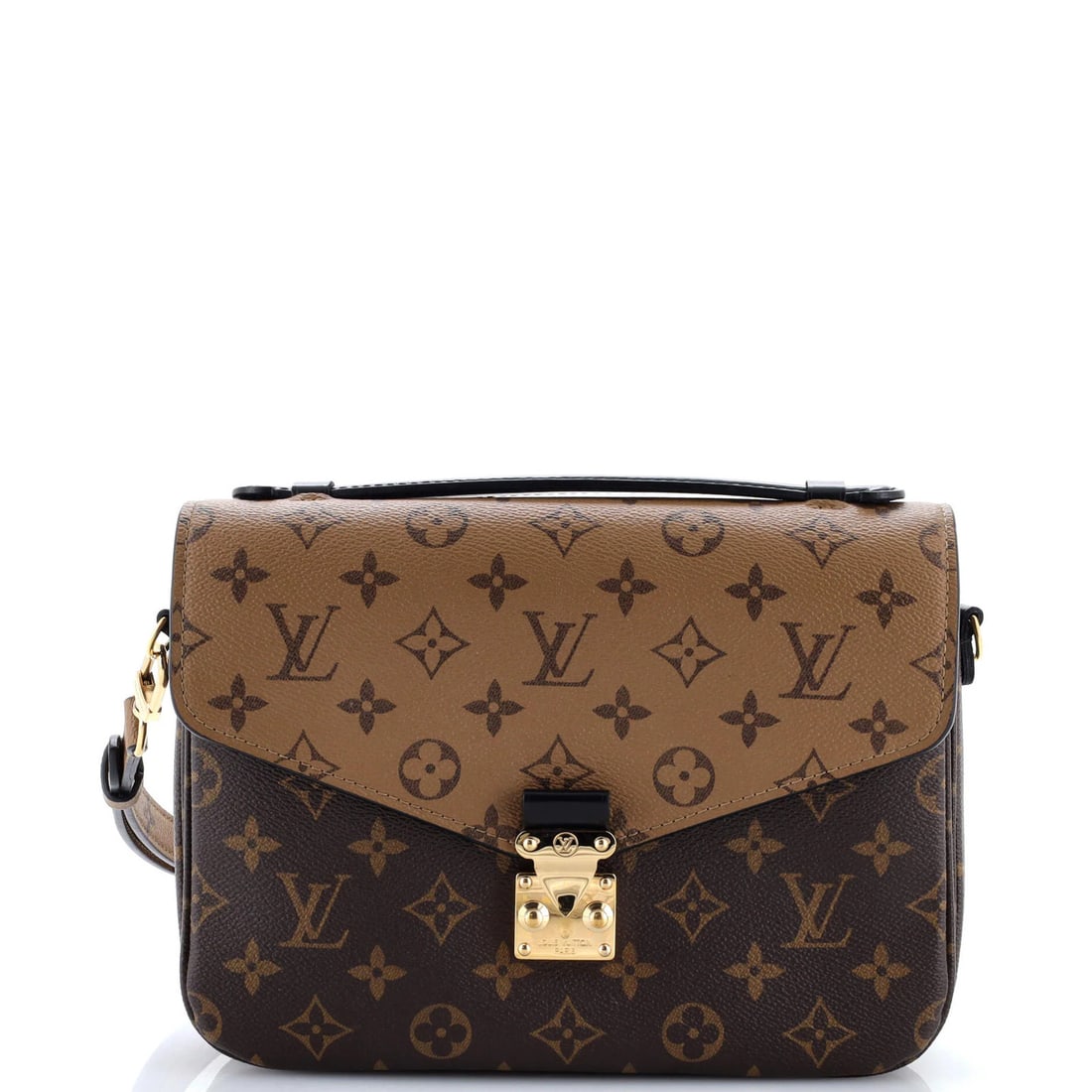 Monogram Reverse Canvas Pochette Louis Vuitton: Monogram Reverse Canvas Pochette Louis Vuitton Brown Monogram Reverse Canvas Pochette with Gold Hardware, featuring a cross body design and repainted wax edges, measures 8" tall, 9.5" wide, and 3"